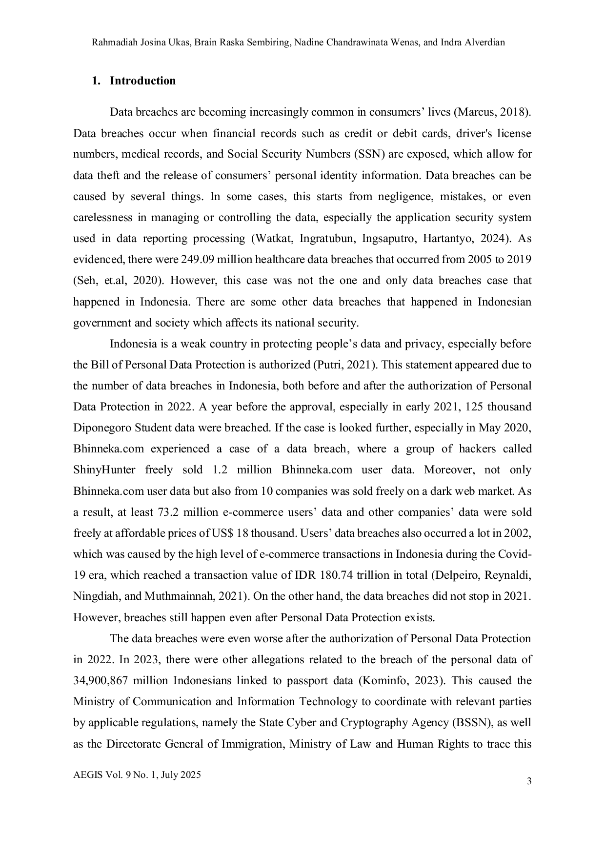 JURIS Data Breaches in Government Institutions and Society and Their Impacts on National Security in Indonesia