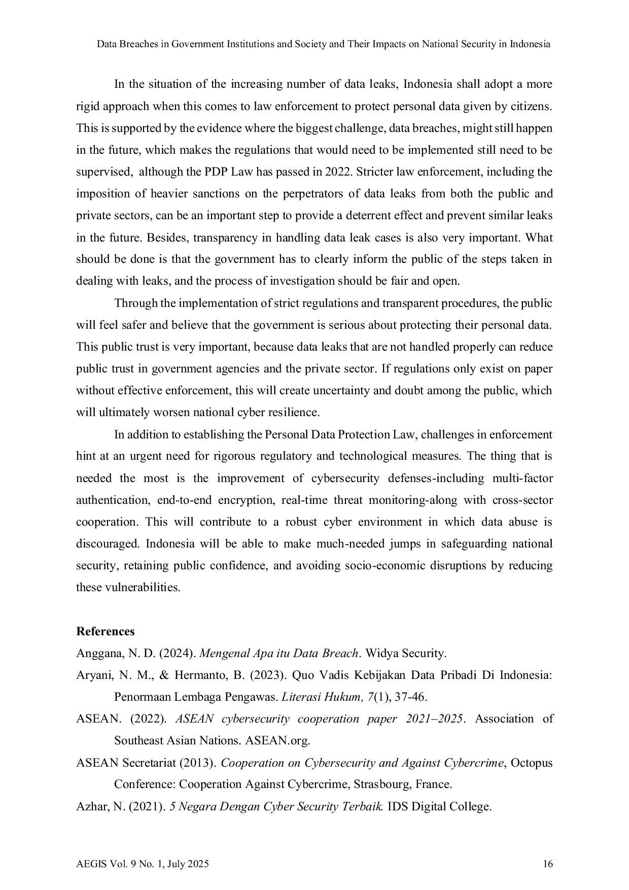 JURIS Data Breaches in Government Institutions and Society and Their Impacts on National Security in Indonesia
