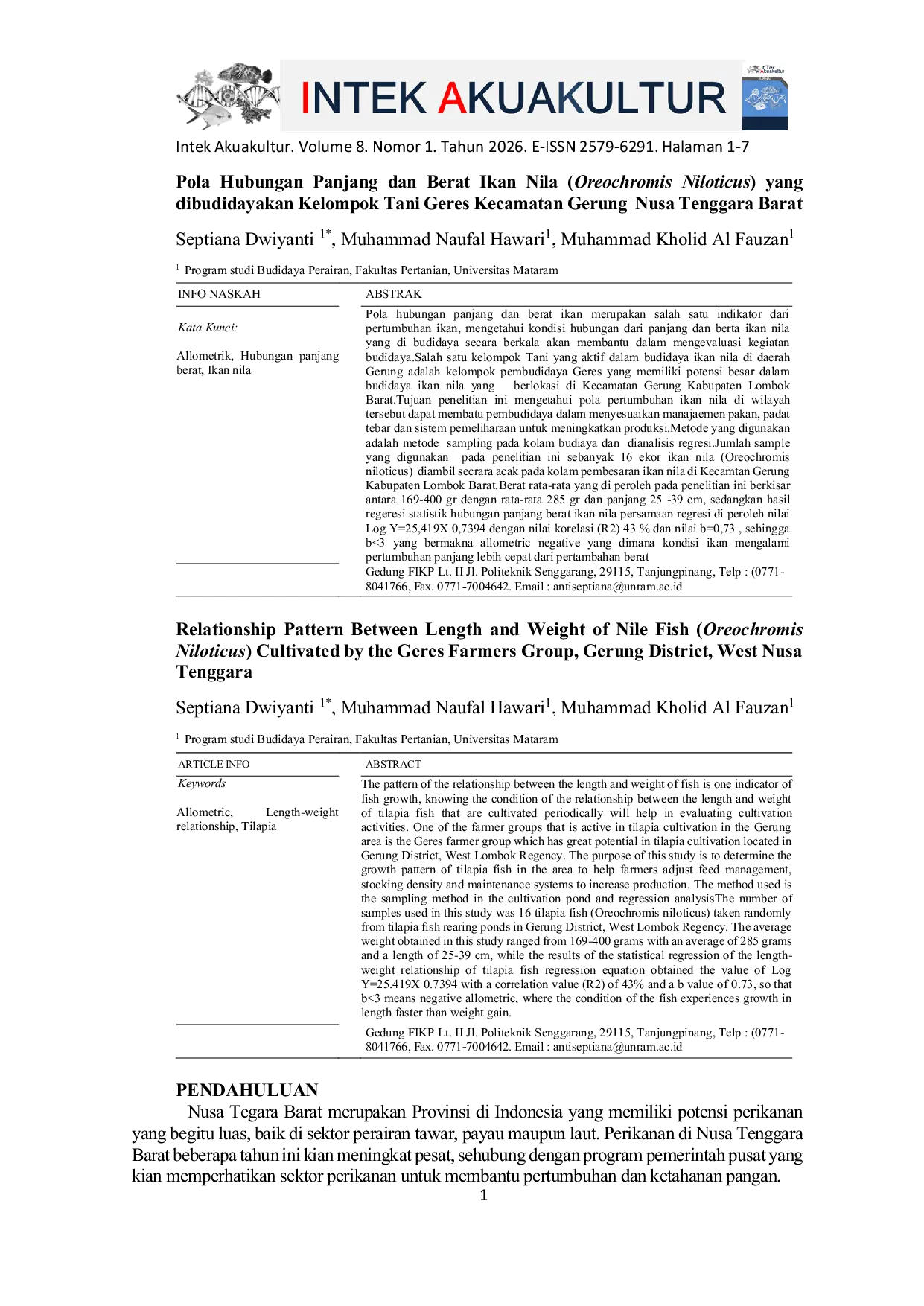 JURIS Pola Hubungan Panjang Dan Berat Ikan Nila Oreochromis Niloticus Yang Dibudidayakan Kelompok Tani Geres Kecamatan Gerung Nusa Tenggara Barat