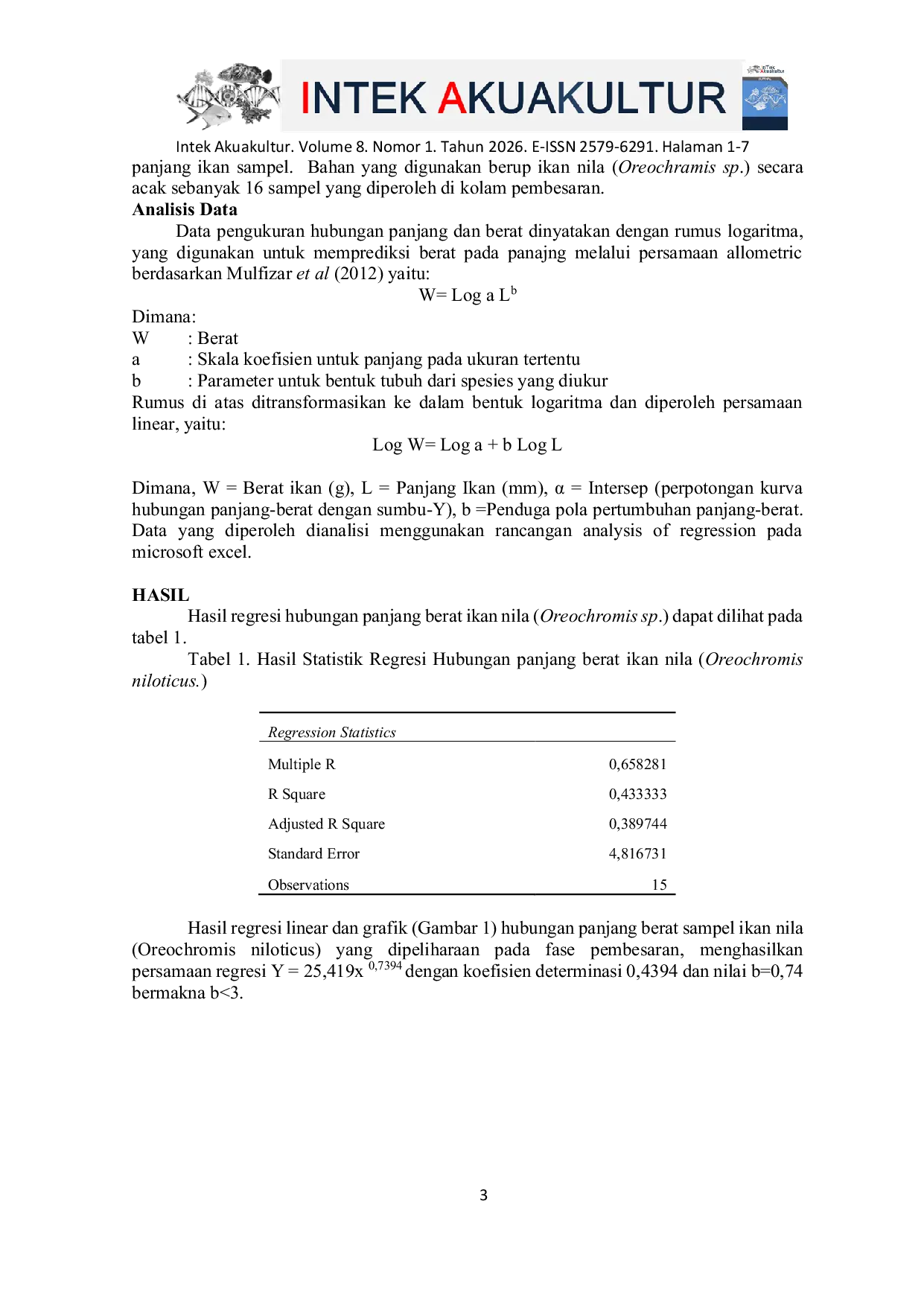 JURIS Pola Hubungan Panjang Dan Berat Ikan Nila Oreochromis Niloticus Yang Dibudidayakan Kelompok Tani Geres Kecamatan Gerung Nusa Tenggara Barat