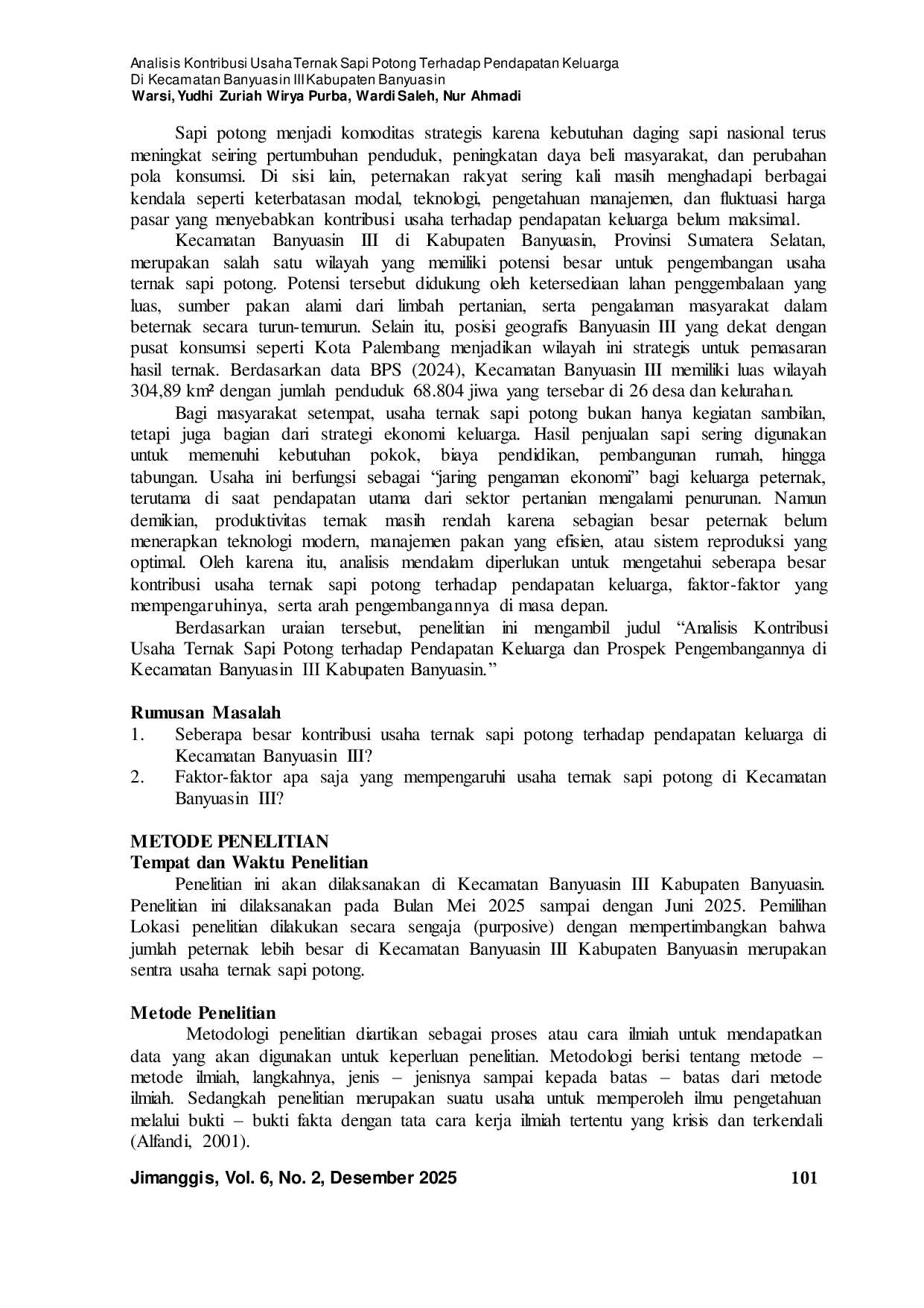 JURIS Analisis Kontribusi Usaha Ternak Sapi Potong Terhadap Pendapatan Keluarga Di Kecamatan Banyuasin III Kabupaten Banyuasin