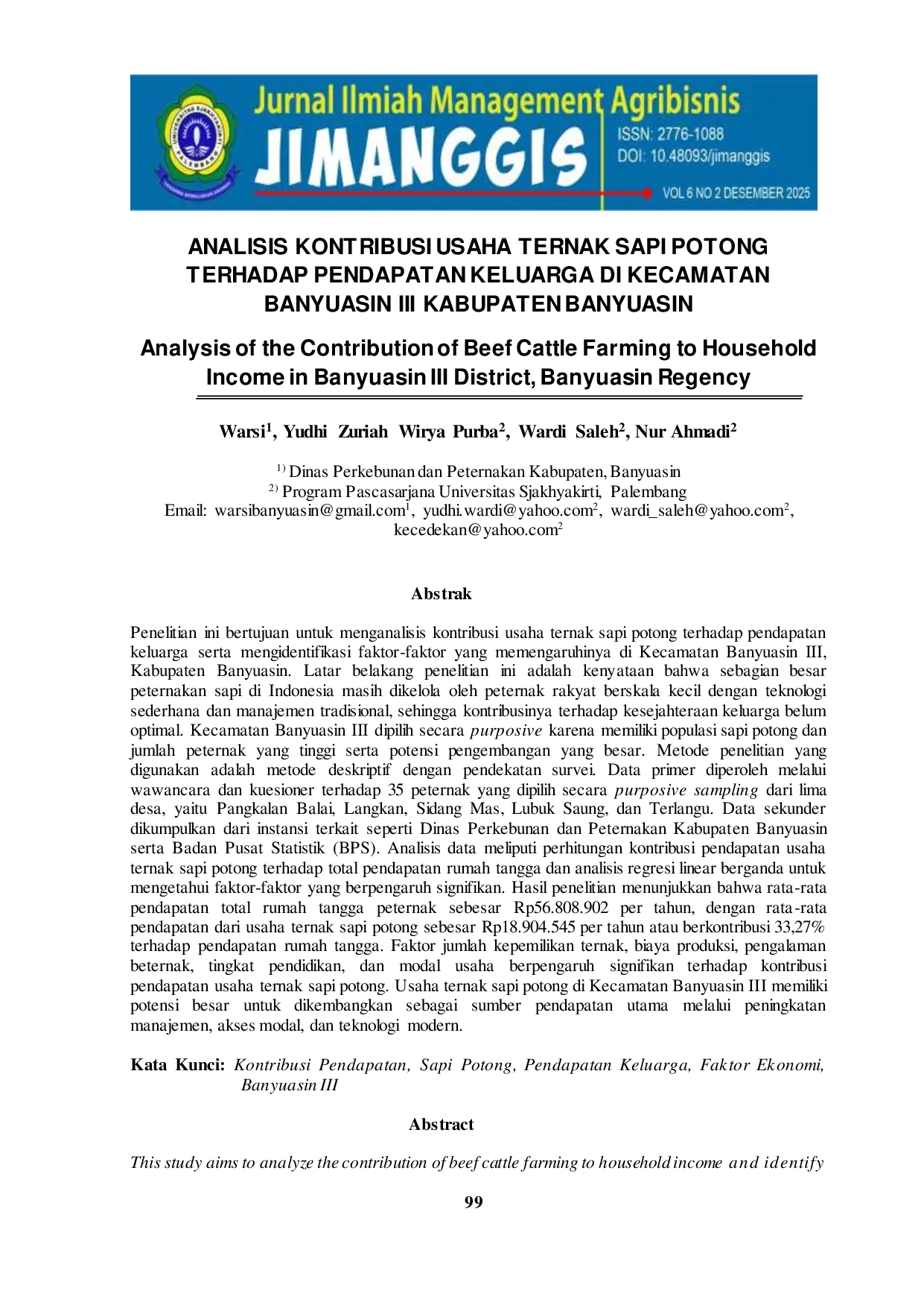 JURIS Analisis Kontribusi Usaha Ternak Sapi Potong Terhadap Pendapatan Keluarga Di Kecamatan Banyuasin III Kabupaten Banyuasin