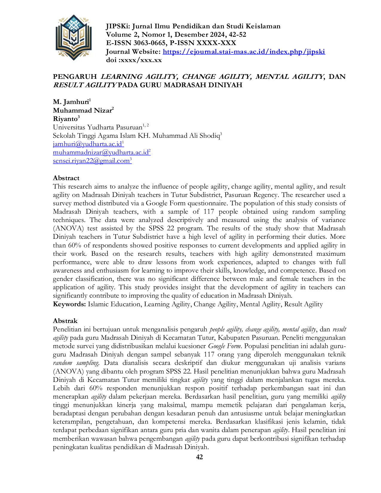 JURIS Pengaruh Learning Agility Change Agility Mental Agility Dan Result Agility Pada Guru Madrasah Diniyah