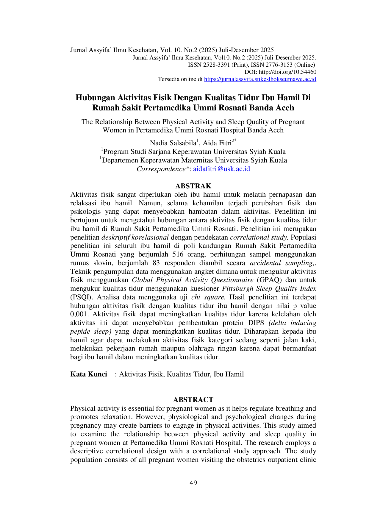 JURIS Hubungan Aktivitas Fisik Dengan Kualitas Tidur Ibu Hamil Di Rumah Sakit Pertamedika Ummi Rosnati Banda Aceh