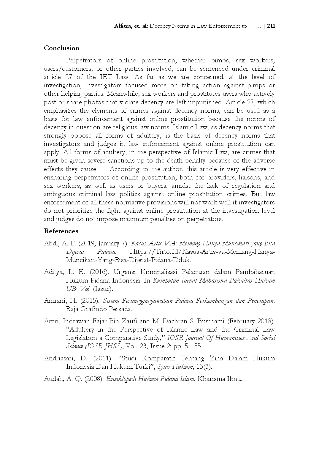 juris Decency Norms In Law Enforcement To Online Prostitution In Indonesia An Islamic Law Perspective