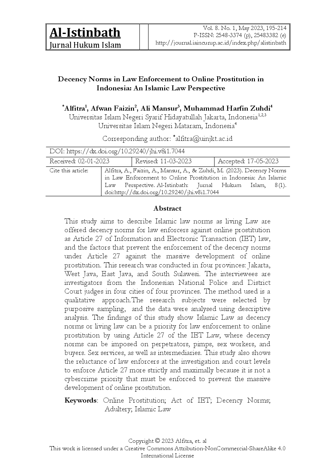 juris Decency Norms In Law Enforcement To Online Prostitution In Indonesia An Islamic Law Perspective