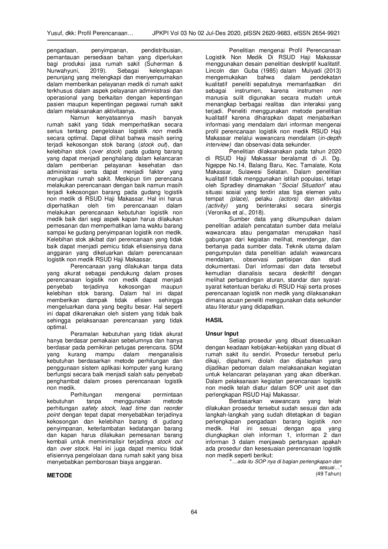 JURIS Profil Perencanaan Logistik Non Medik Rumah Sakit Haji Makassar