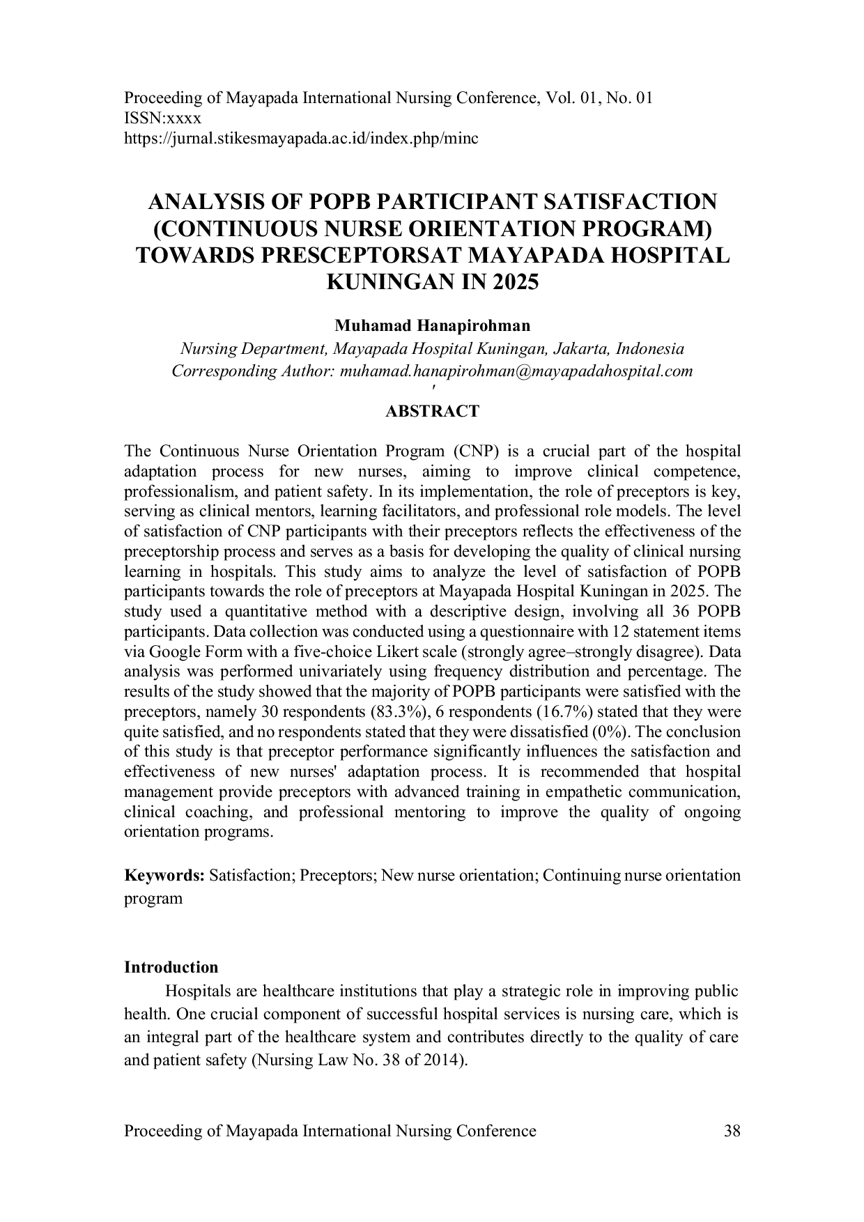 JURIS Analysis Of Popb Participant Satisfaction Continuous Nurse Orientation Program Towards Preceptorsat Mayapada Hospital Kuningan In 2025