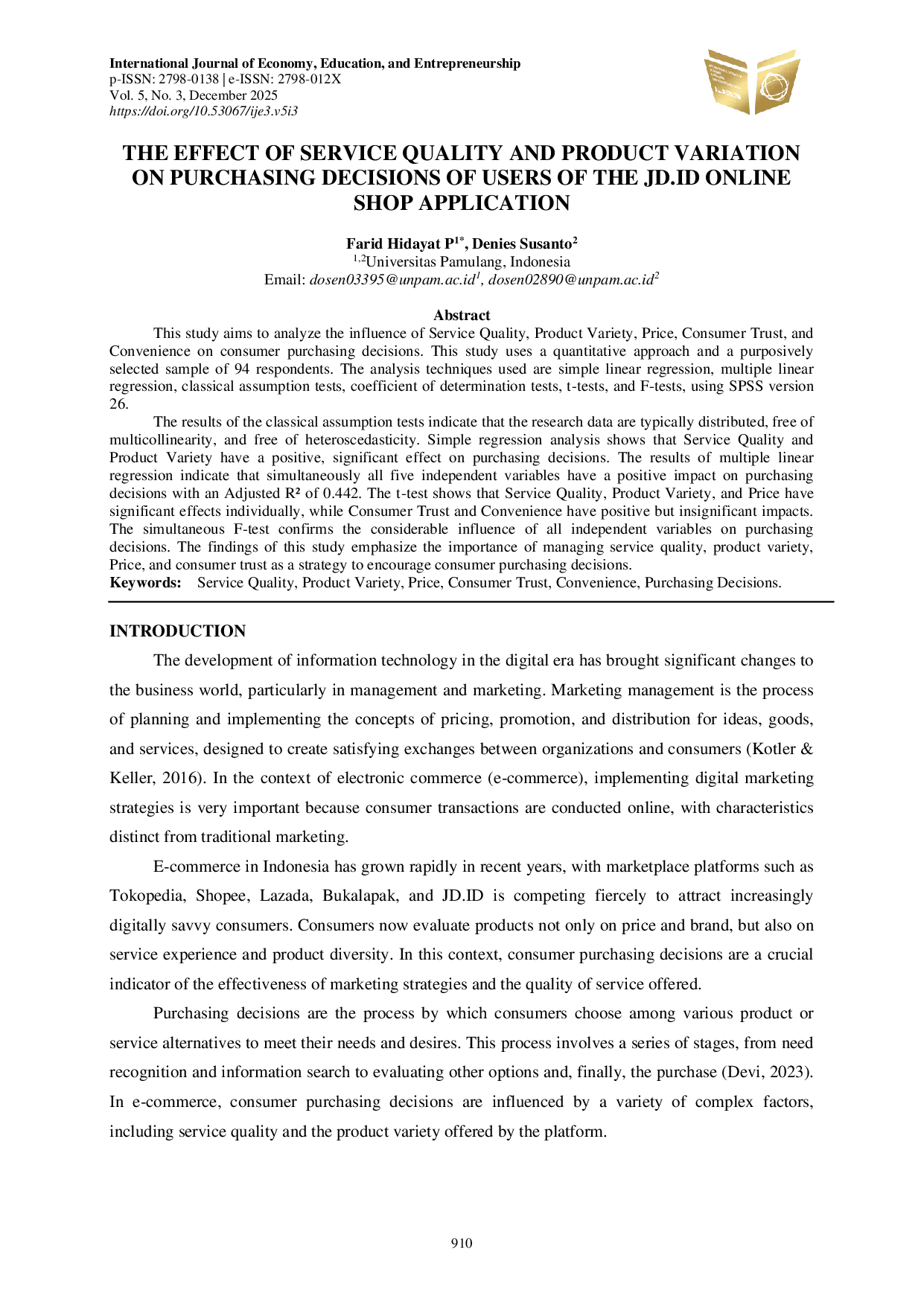 JURIS The Effect of Service Quality and Product Variation on Purchasing Decisions of Users of The Jd Id Online Shop Application