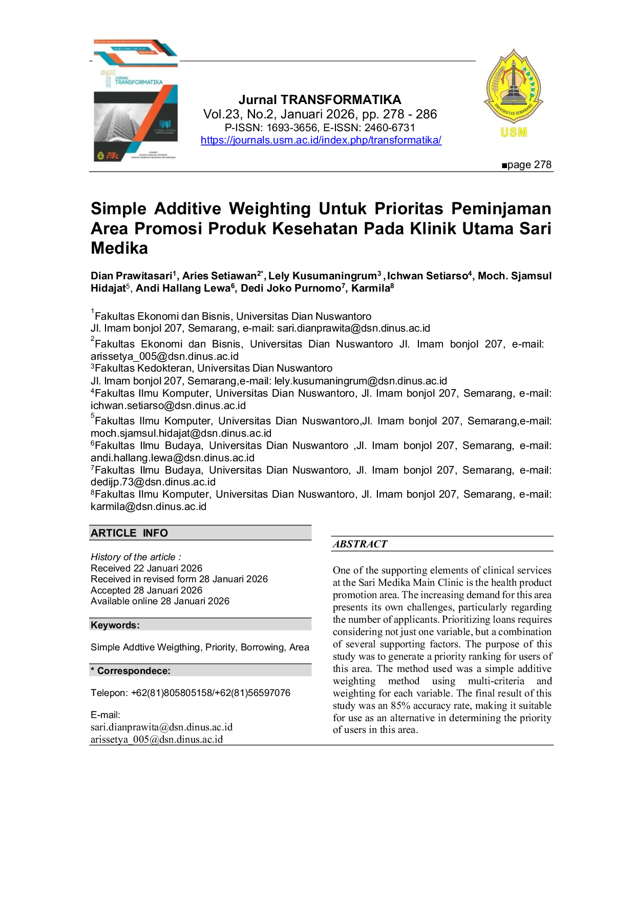 JURIS Simple Additive Weighting Untuk Prioritas Peminjaman Area Promosi Produk Kesehatan Pada Klinik Utama Sari Medika