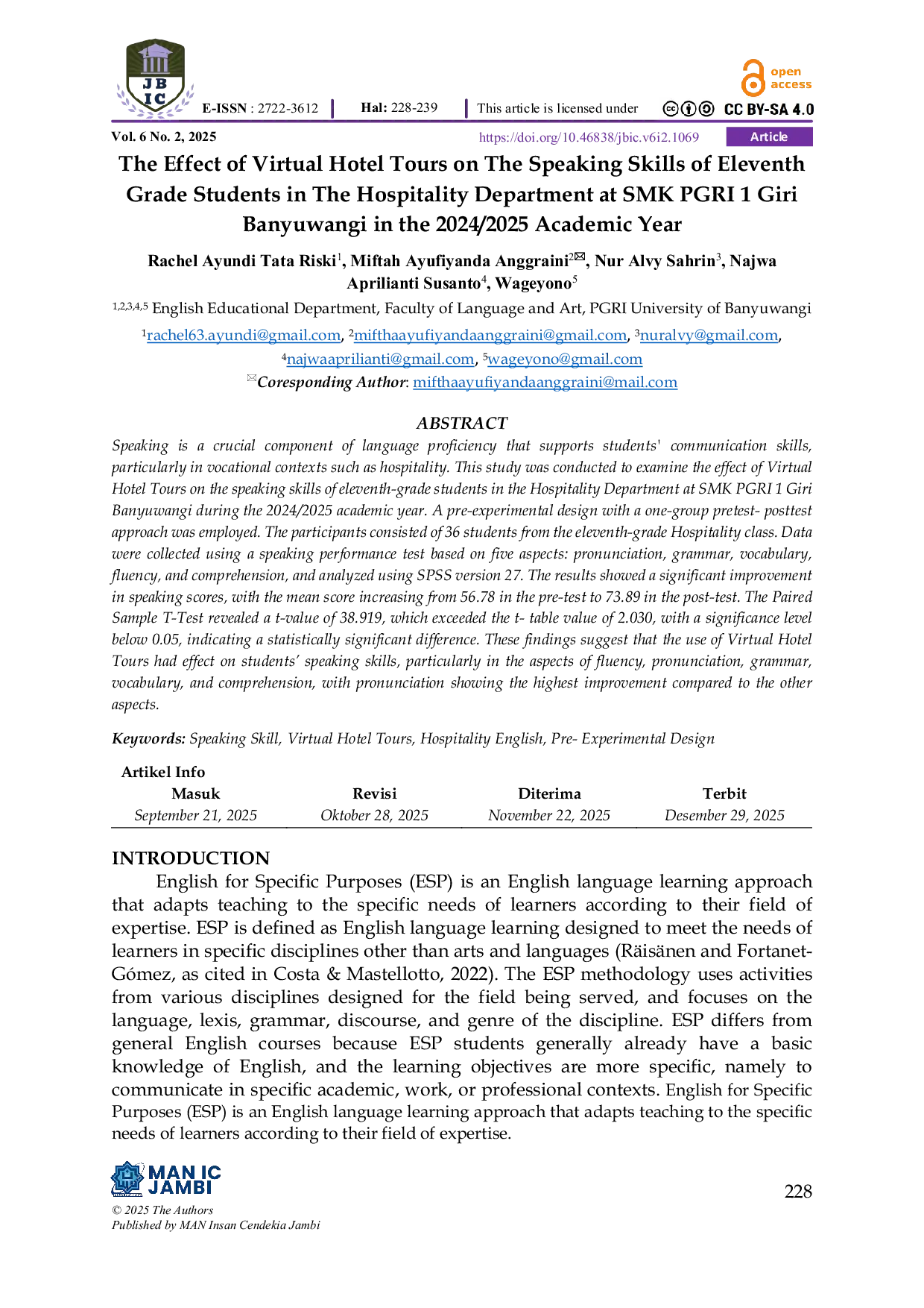 JURIS The Effect of Virtual Hotel Tours on The Speaking Skills of Eleventh Grade Students in The Hospitality Department at SMK PGRI 1 Giri Banyuwangi in The 2024 2025 Academic Year