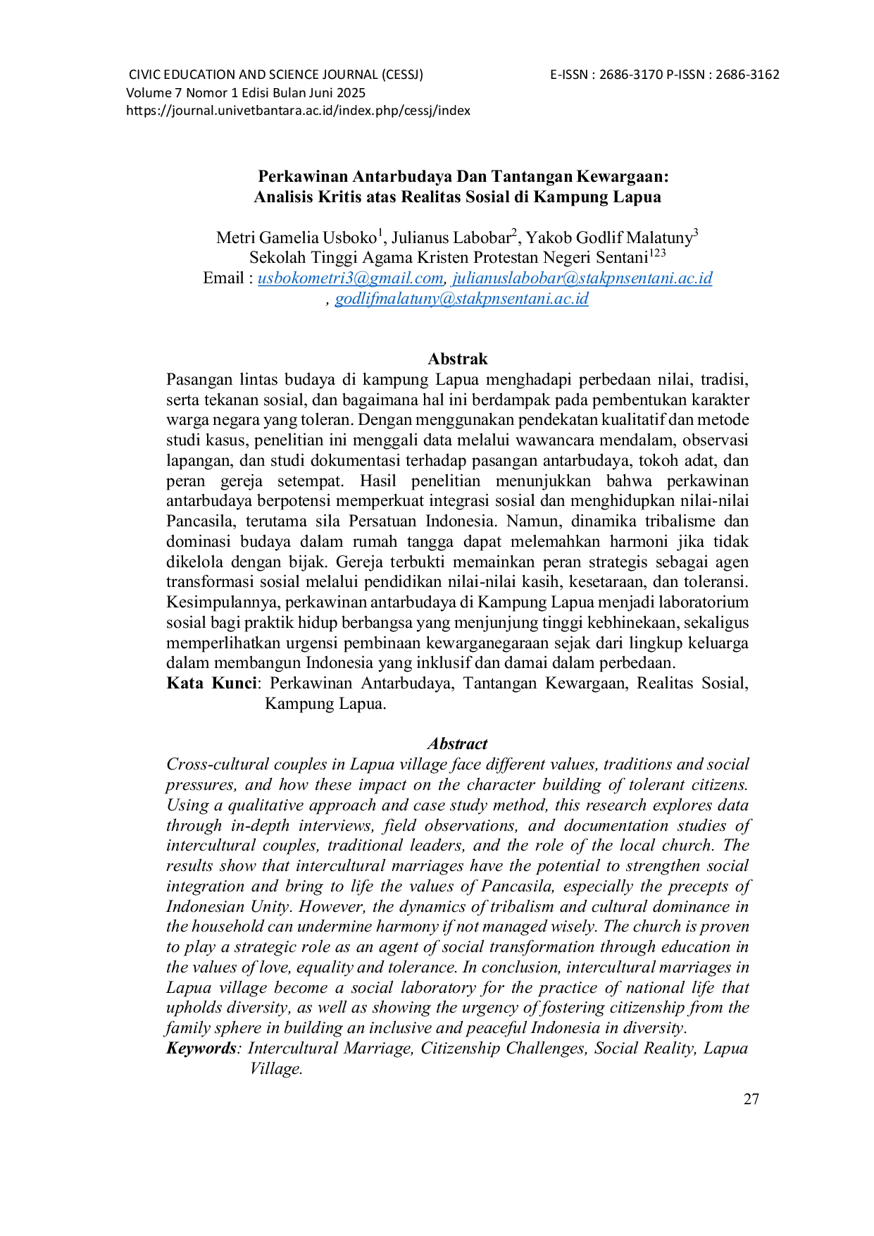JURIS Perkawinan Antarbudaya Dan Tantangan Kewargaan Analisis Kritis atas Realitas Sosial di Kampung Lapua