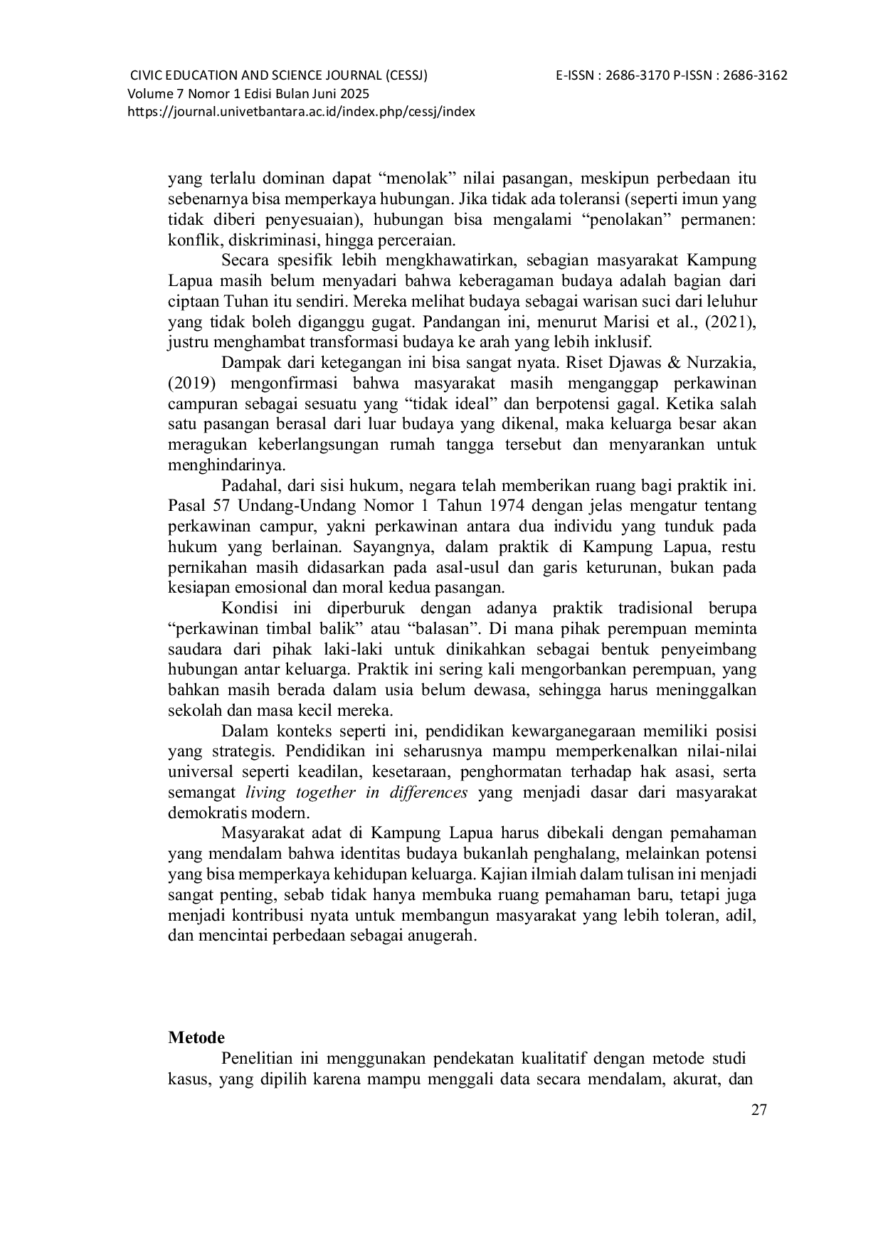 JURIS Perkawinan Antarbudaya Dan Tantangan Kewargaan Analisis Kritis atas Realitas Sosial di Kampung Lapua