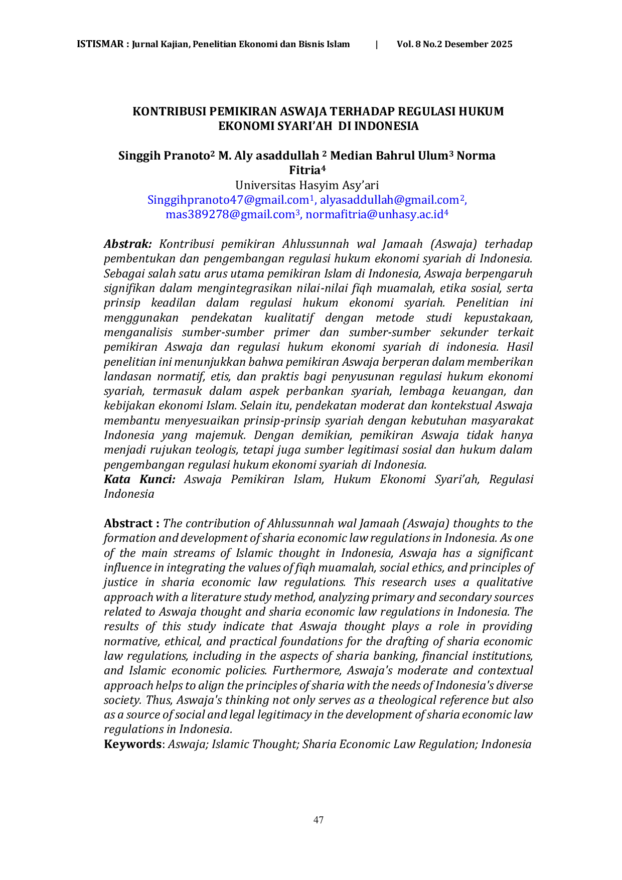 JURIS Kontribusi Pemikiran Aswaja Terhadap Regulasi Hukum Ekonomi Syari ah Di Indonesia
