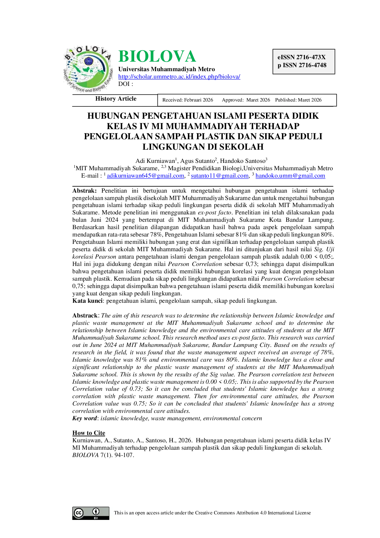 JURIS Hubungan Pengetahuan Islami Peserta Didik Kelas IV MI Muhammadiyah Terhadap Pengelolaan Sampah Plastik dan Sikap Peduli Lingkungan di Sekolah