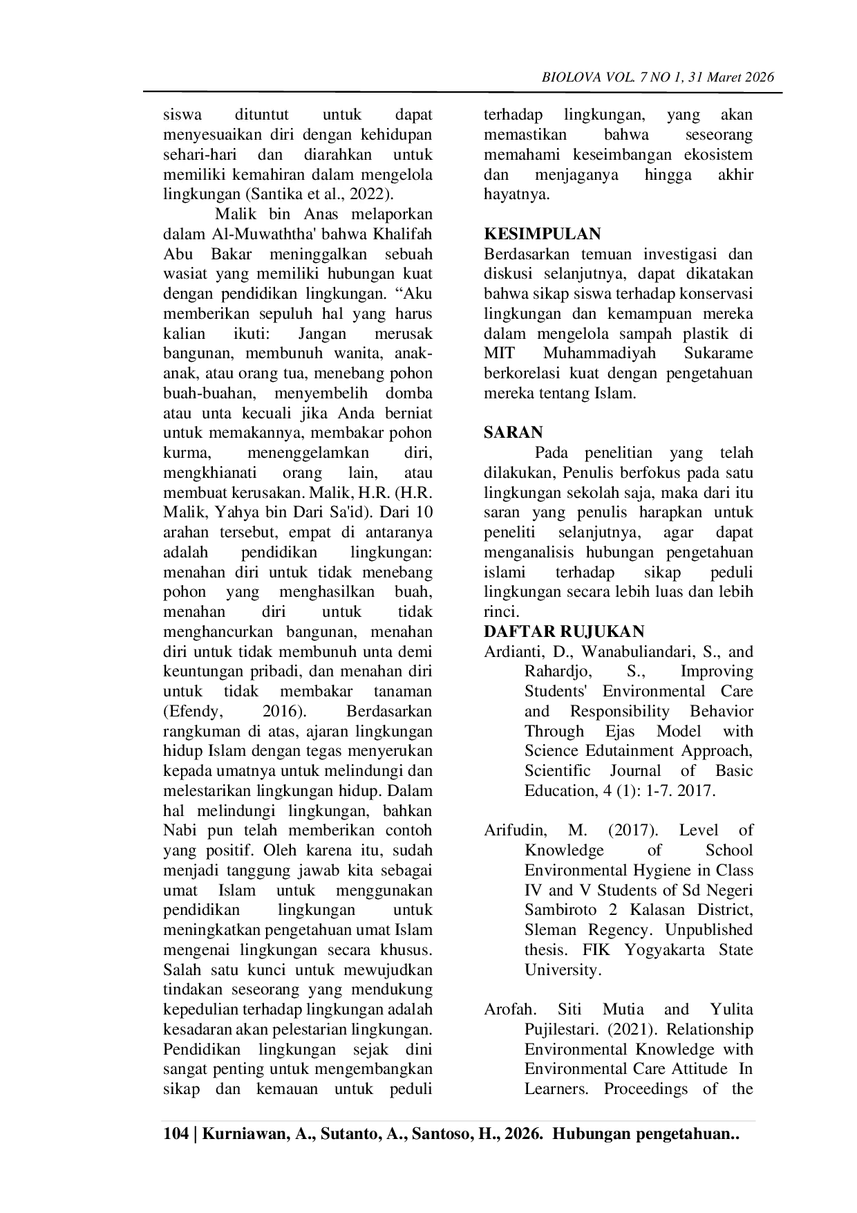 JURIS Hubungan Pengetahuan Islami Peserta Didik Kelas IV MI Muhammadiyah Terhadap Pengelolaan Sampah Plastik dan Sikap Peduli Lingkungan di Sekolah