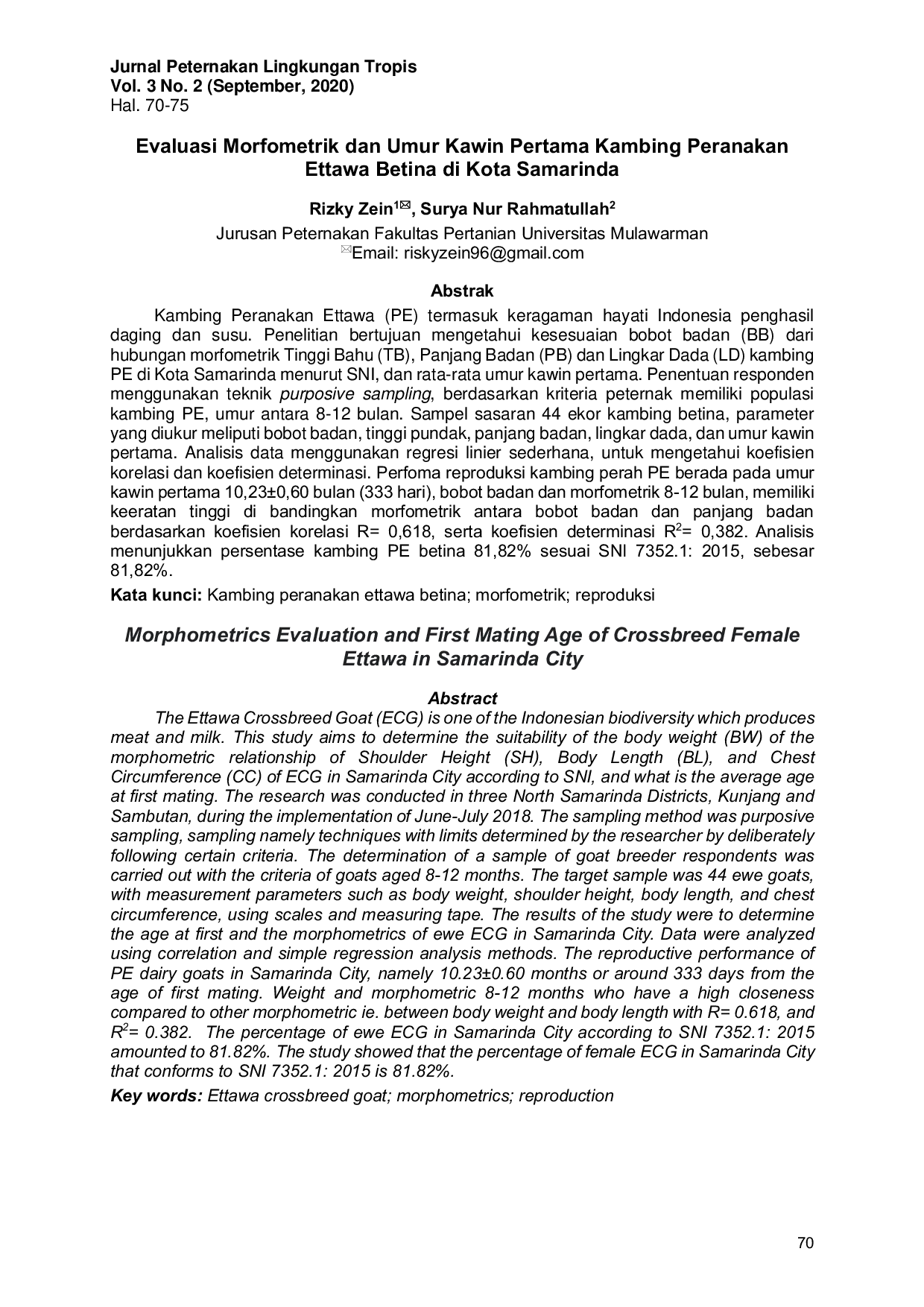 JURIS Evaluasi Morfometrik dan Umur Kawin Pertama Kambing Peranakan Ettawa Betina di Kota Samarinda