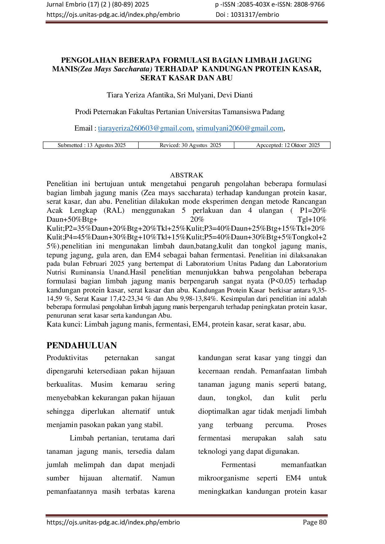 JURIS P Pengolahan Beberapa formulasi bagian limbah jagung manis terhadap protein serat kasar abu