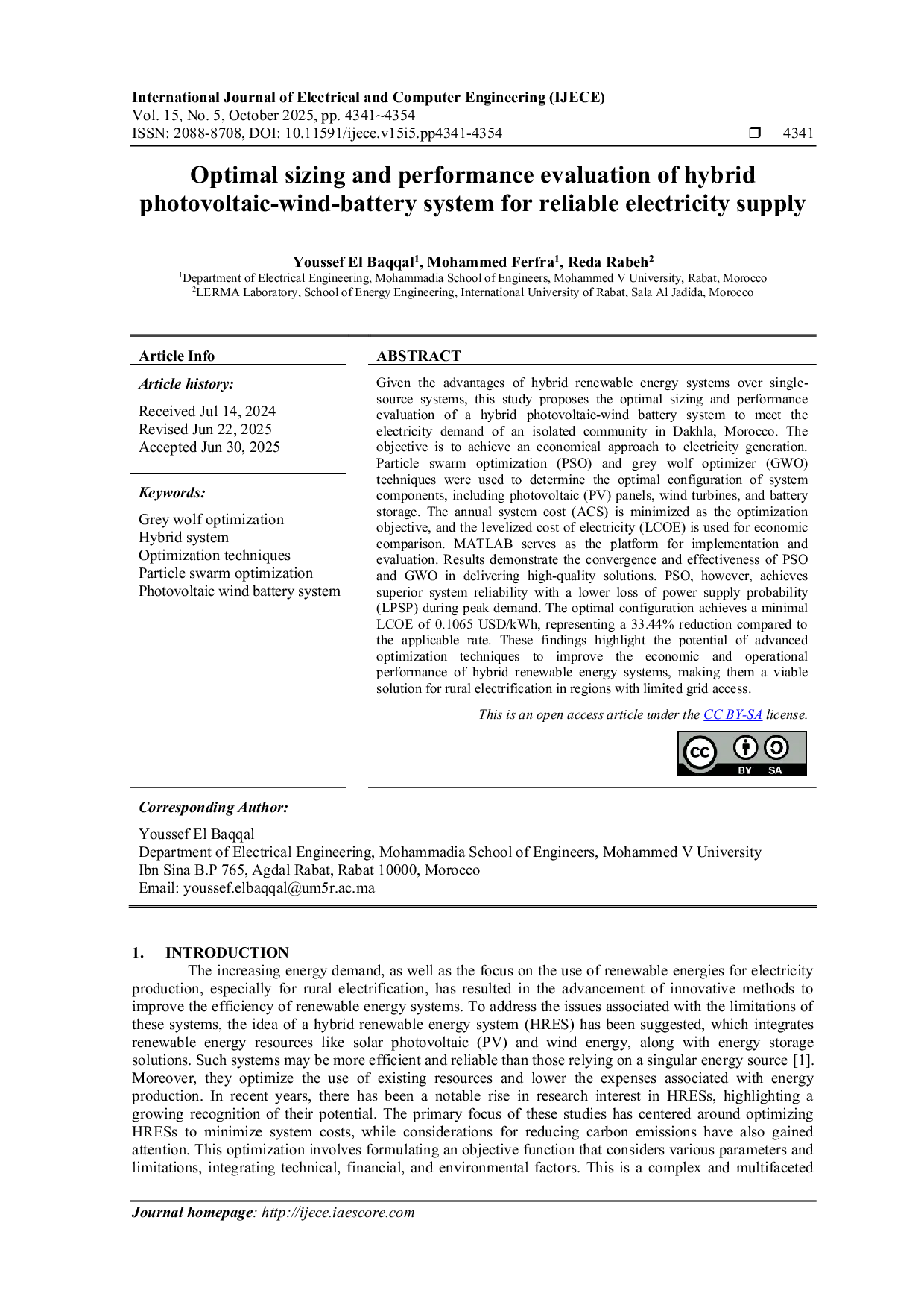 JURIS Optimal sizing and performance evaluation of hybrid photovoltaic wind battery system for reliable electricity supply