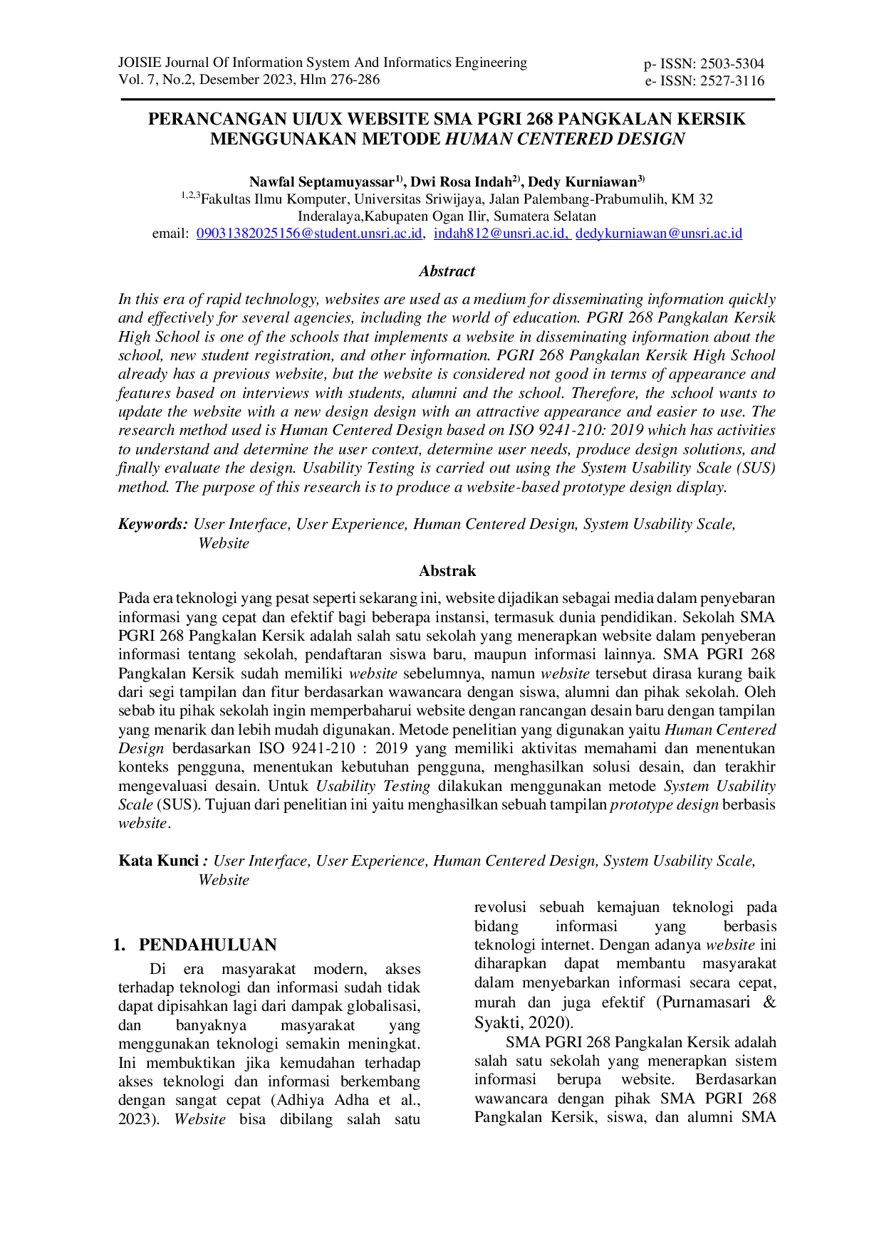 JURIS Perancangan UI UX Website SMA PGRI 268 Pangkalan Kersik Menggunakan Metode Human Centered Design