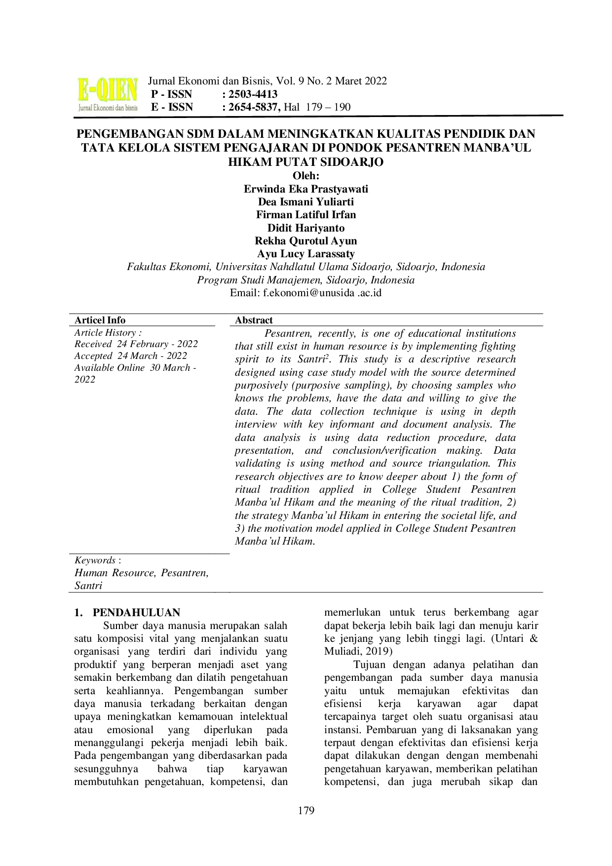 JURIS PENGEMBANGAN SDM DALAM MENINGKATKAN KUALITAS PENDIDIK DAN TATA KELOLA SISTEM PENGAJARAN DI PONDOK PESANTREN MANBA UL HIKAM PUTAT SIDOARJO Human resource development in improving the quality of educat