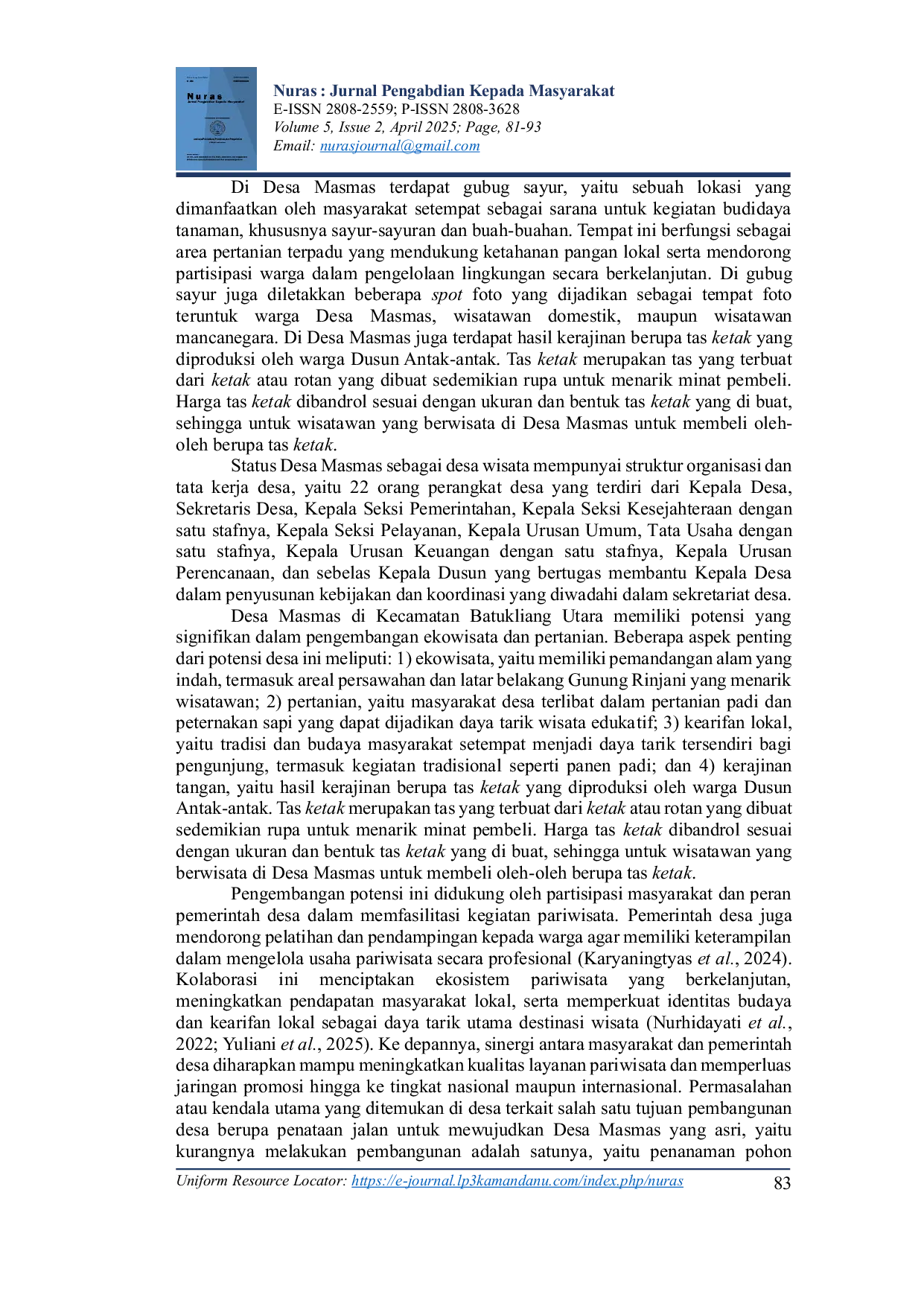 JURIS Penataan Jalan Desa Melalui Program Penanaman Pohon dan Tanaman Hias di Sepanjang Jalan Poros Desa Wisata Masmas Kabupaten Lombok Tengah