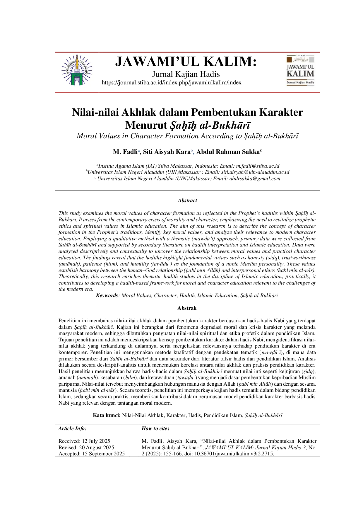 JURIS Nilai nilai Akhlak dalam Pembentukan Karakter Menurut auu al BukhAr Moral Values in Character Formation According to auu al BukhAr