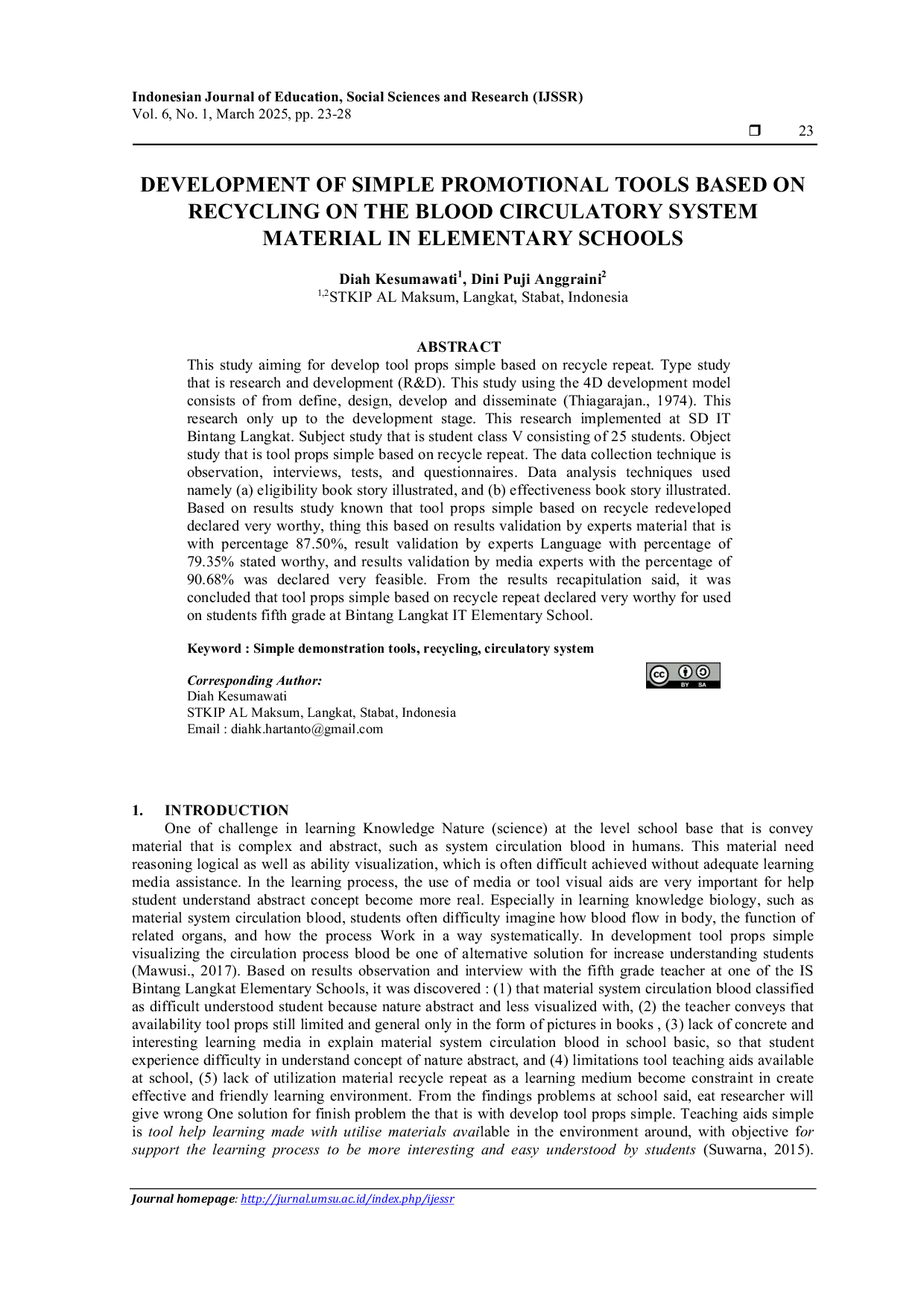 JURIS Development of Simple Promotional Tools Based on Recycling on the Blood Circulatory System Material in Elementary Schools
