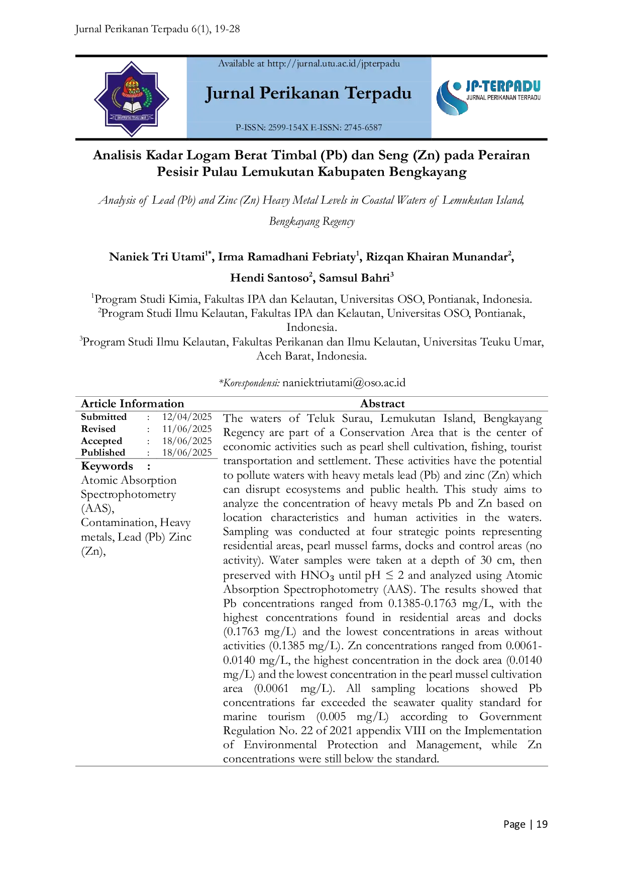 JURIS Analisis Kadar Logam Berat Timbal Pb dan Seng Zn pada Perairan Pesisir Pulau Lemukutan Kabupaten Bengkayang