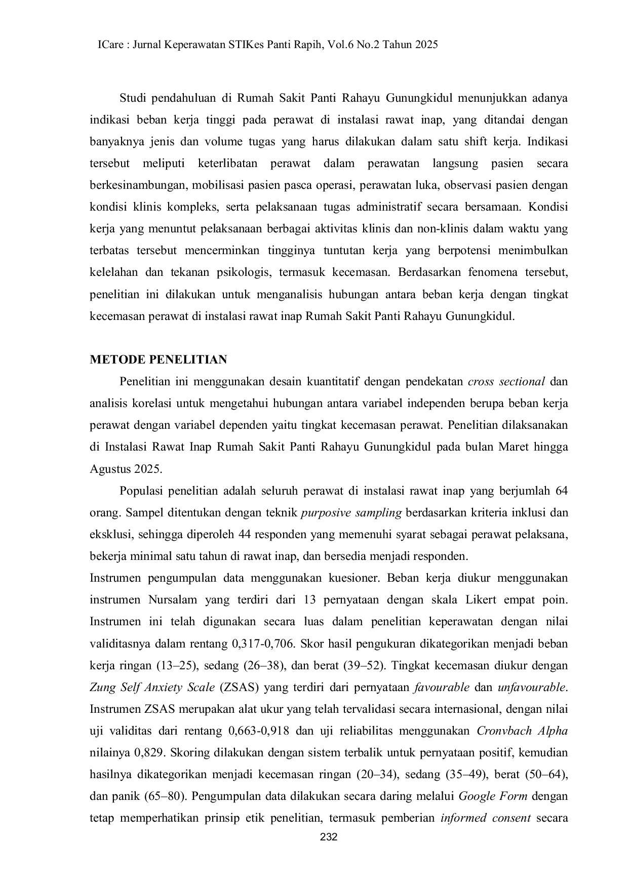 JURIS Beban Kerja Berhubungan Dengan Tingkat Kecemasan Perawat di Instalasi Rawat Inap Rumah Sakit Panti Rahayu Gunungkidul