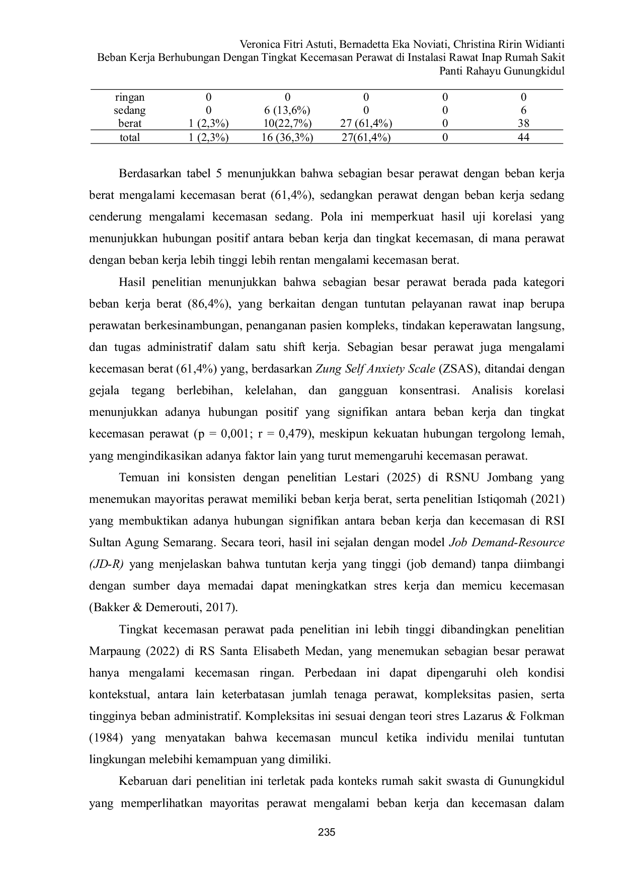 JURIS Beban Kerja Berhubungan Dengan Tingkat Kecemasan Perawat di Instalasi Rawat Inap Rumah Sakit Panti Rahayu Gunungkidul