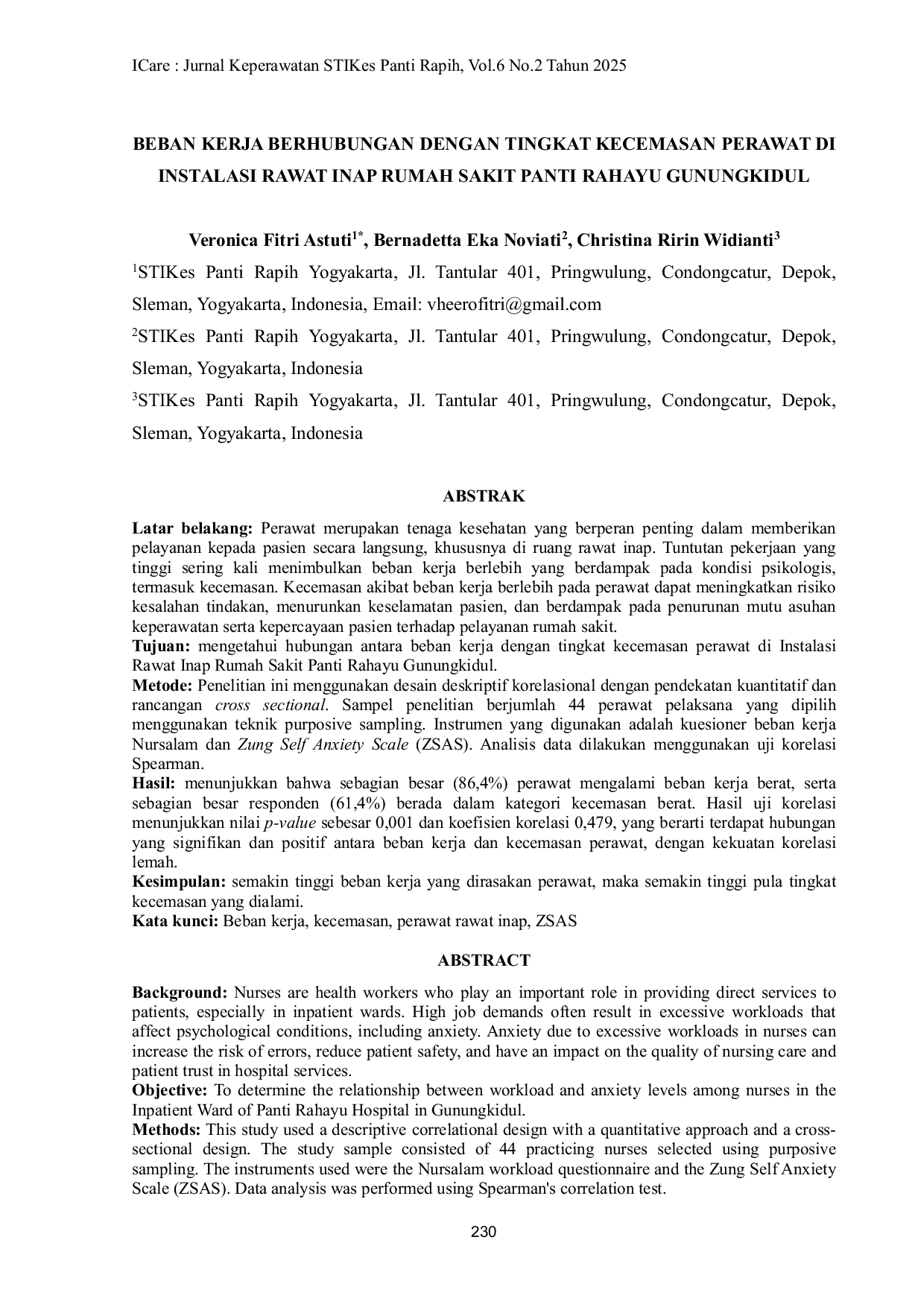 JURIS Beban Kerja Berhubungan Dengan Tingkat Kecemasan Perawat di Instalasi Rawat Inap Rumah Sakit Panti Rahayu Gunungkidul