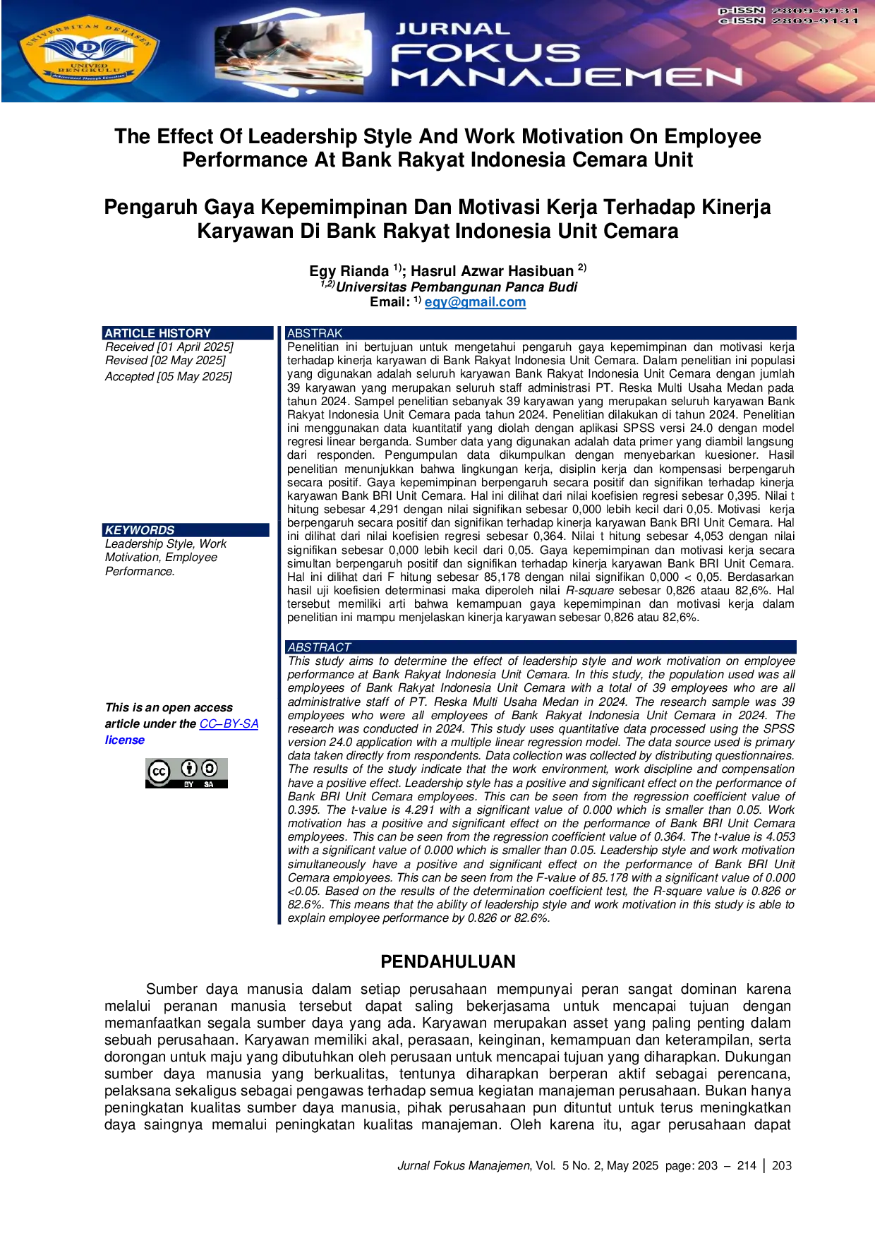 JURIS The Effect Of Leadership Style And Work Motivation On Employee Performance At Bank Rakyat Indonesia Cemara Unit