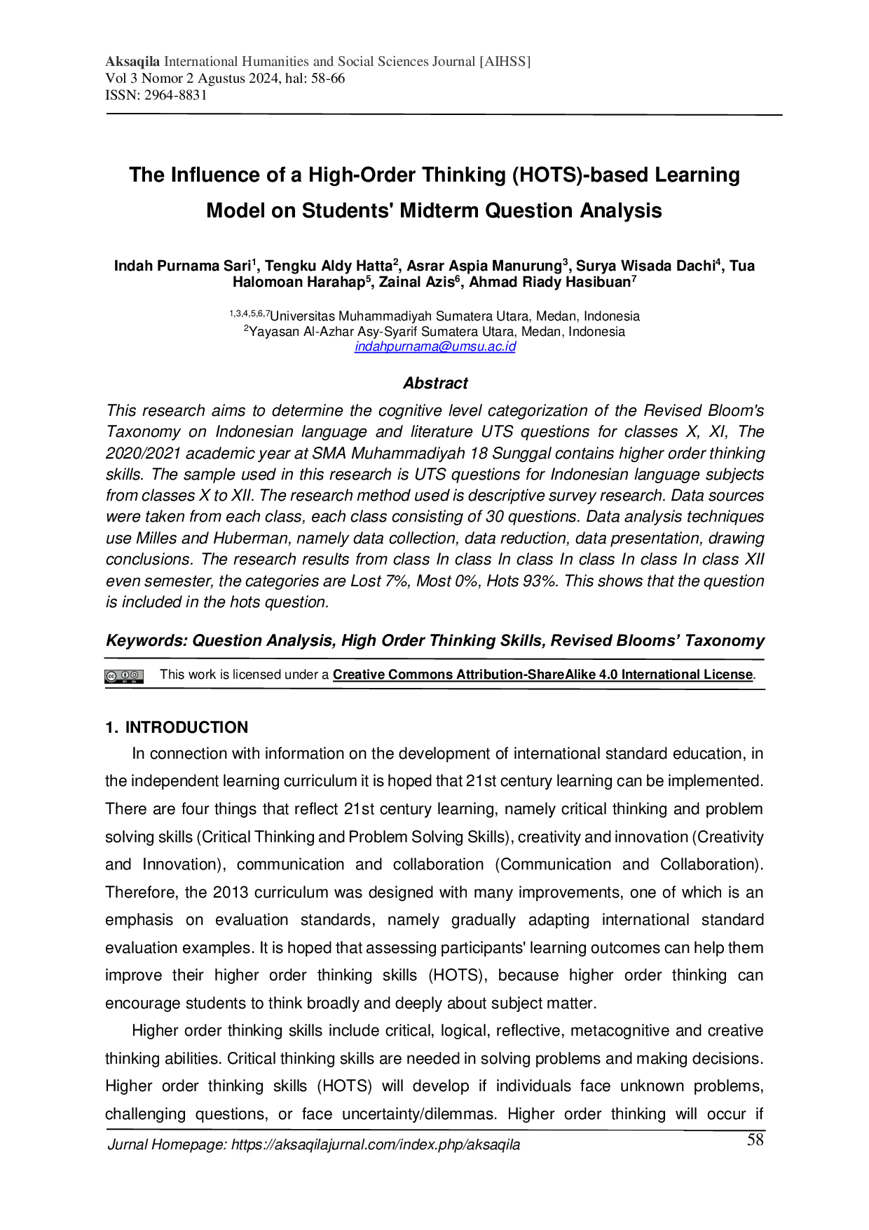 JURIS The Influence of a High Order Thinking HOTS based Learning Model on Students Midterm Question Analysis