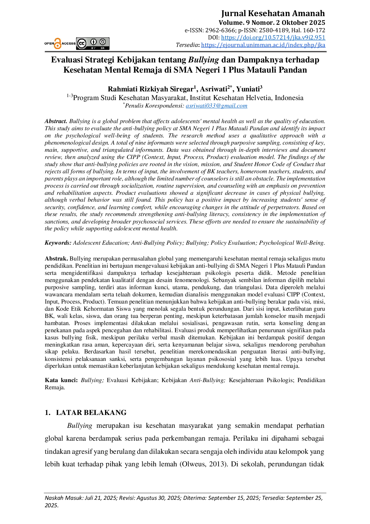 JURIS Evaluasi Strategi Kebijakan tentang Bullying dan Dampaknya terhadap Kesehatan Mental Remaja di SMA Negeri 1 Plus Matauli Pandan