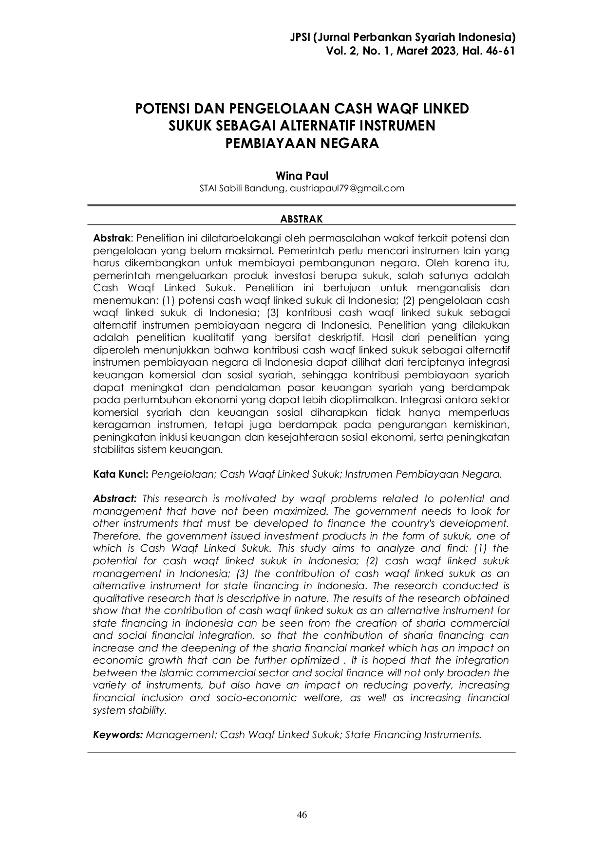 JURIS Potensi dan Pengelolaan Cash Waqf Linked Sukuk Sebagai Alternatif Instrumen Pembiayaan Negara