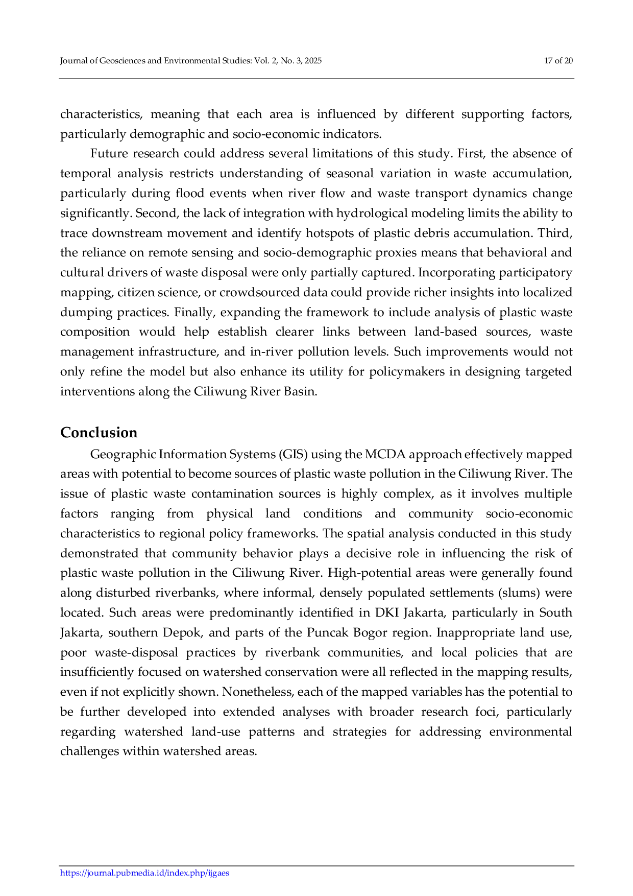JURIS Analysis of Potential Areas of Plastic Waste Pollution Sources into the Ciliwung River Based on GIS and Multi Criteria Decision Analysis MCDA