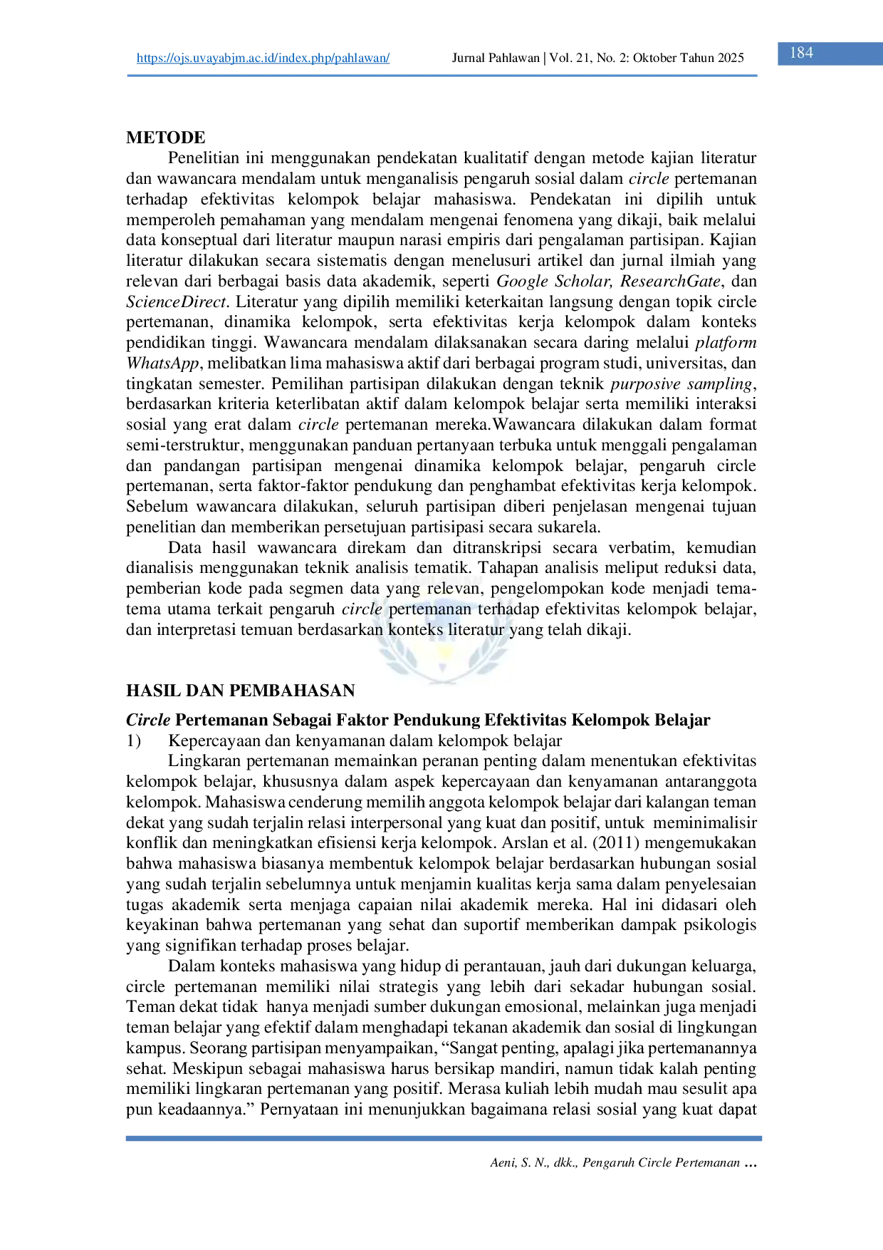JURIS PENGARUH CIRCLE PERTEMANAN TERHADAP EFEKTIVITAS KELOMPOK BELAJAR MAHASISWA