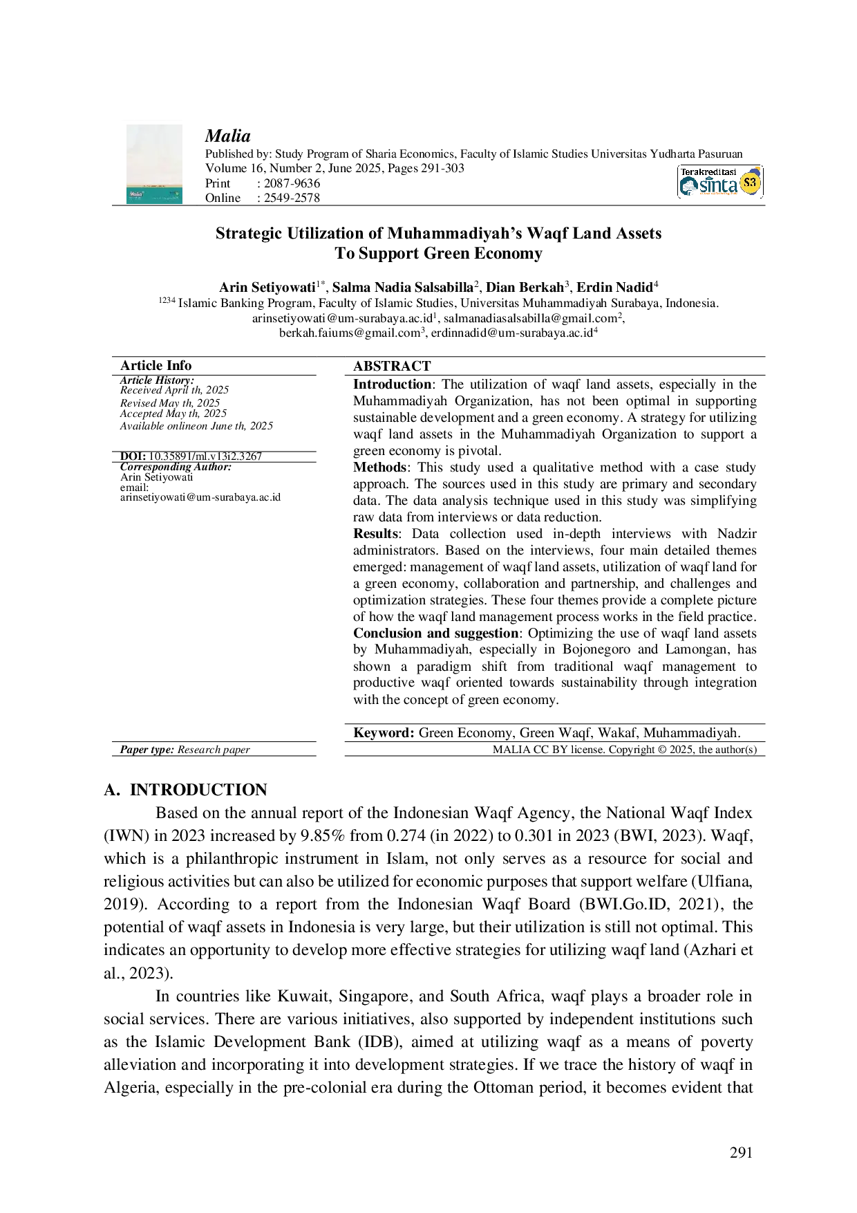 JURIS Strategic Utilization of Muhammadiyah s Waqf Land Assets To Support Green Economy