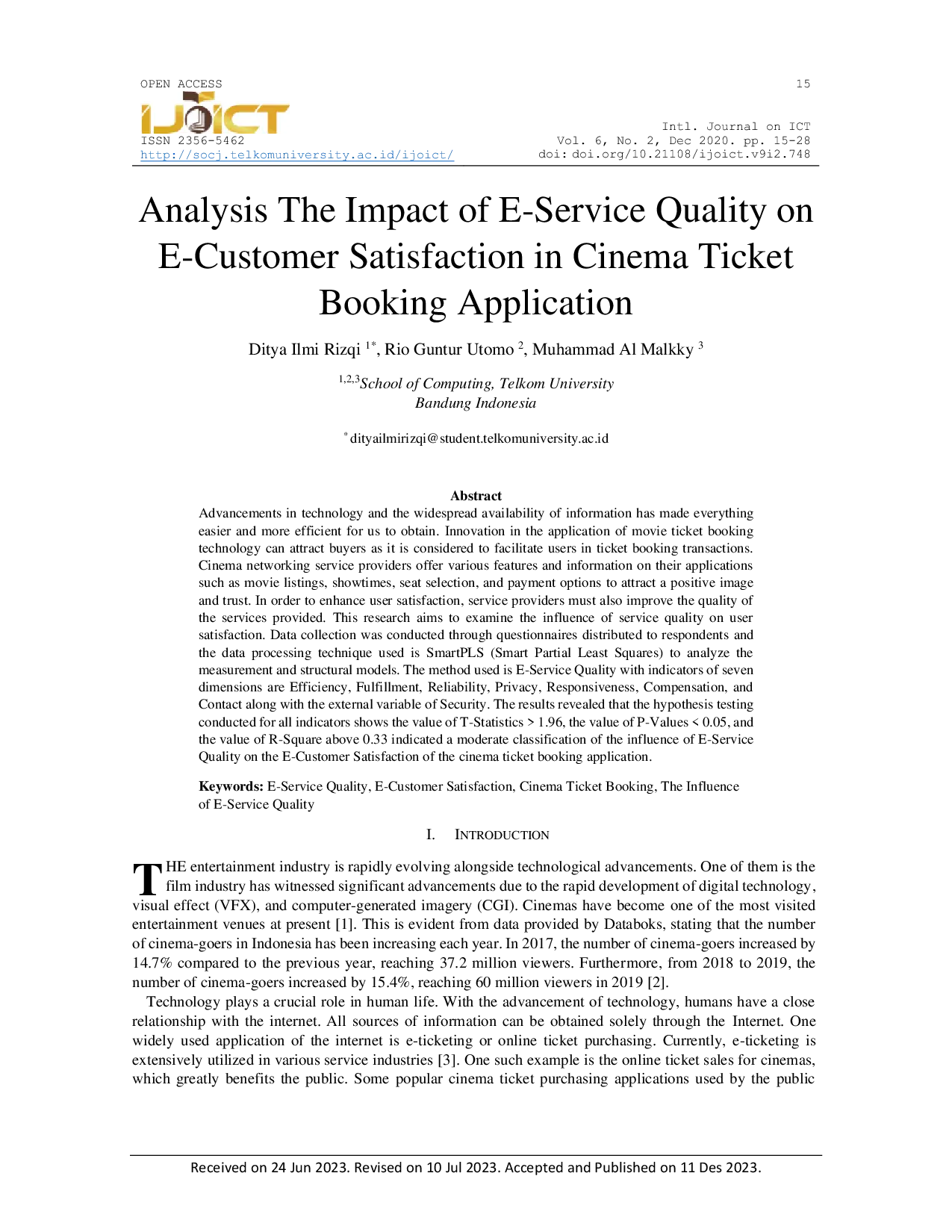 JURIS Analysis The Impact of E Service Quality on E Customer Satisfaction in Cinema Ticket Booking Application