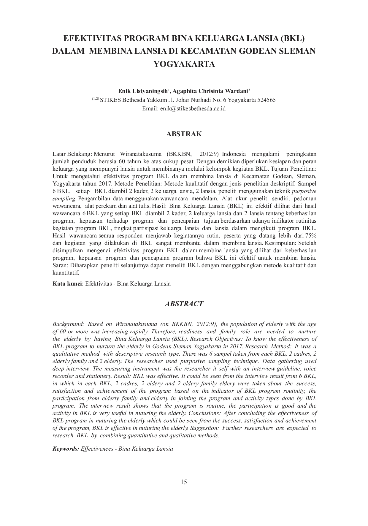 JURIS Efektivitas Program Bina Keluarga Lansia BKL Dalam Membina Lansia Di Kecamatan Godean Sleman Yogyakarta