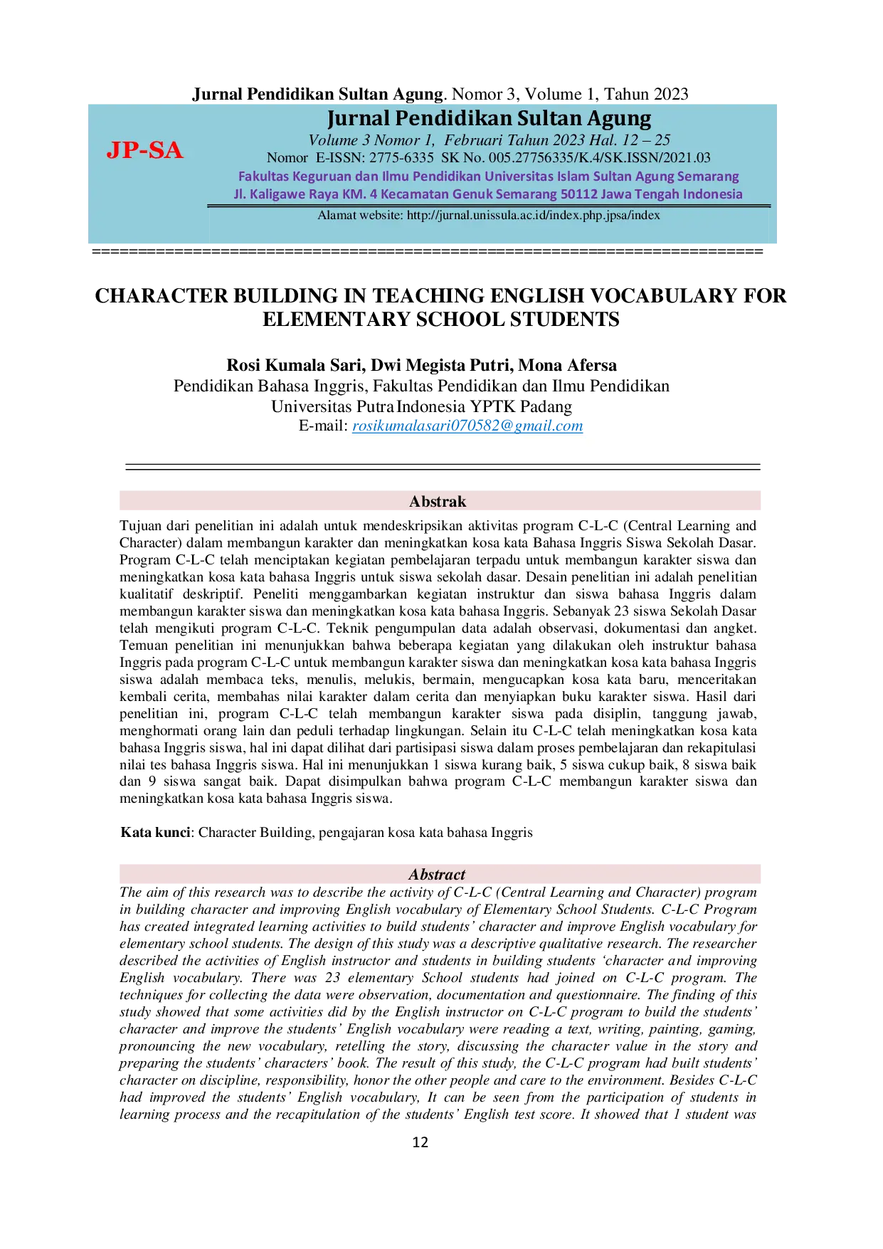 JURIS Character Building in Teaching English Vocabulary For Elementary School Students