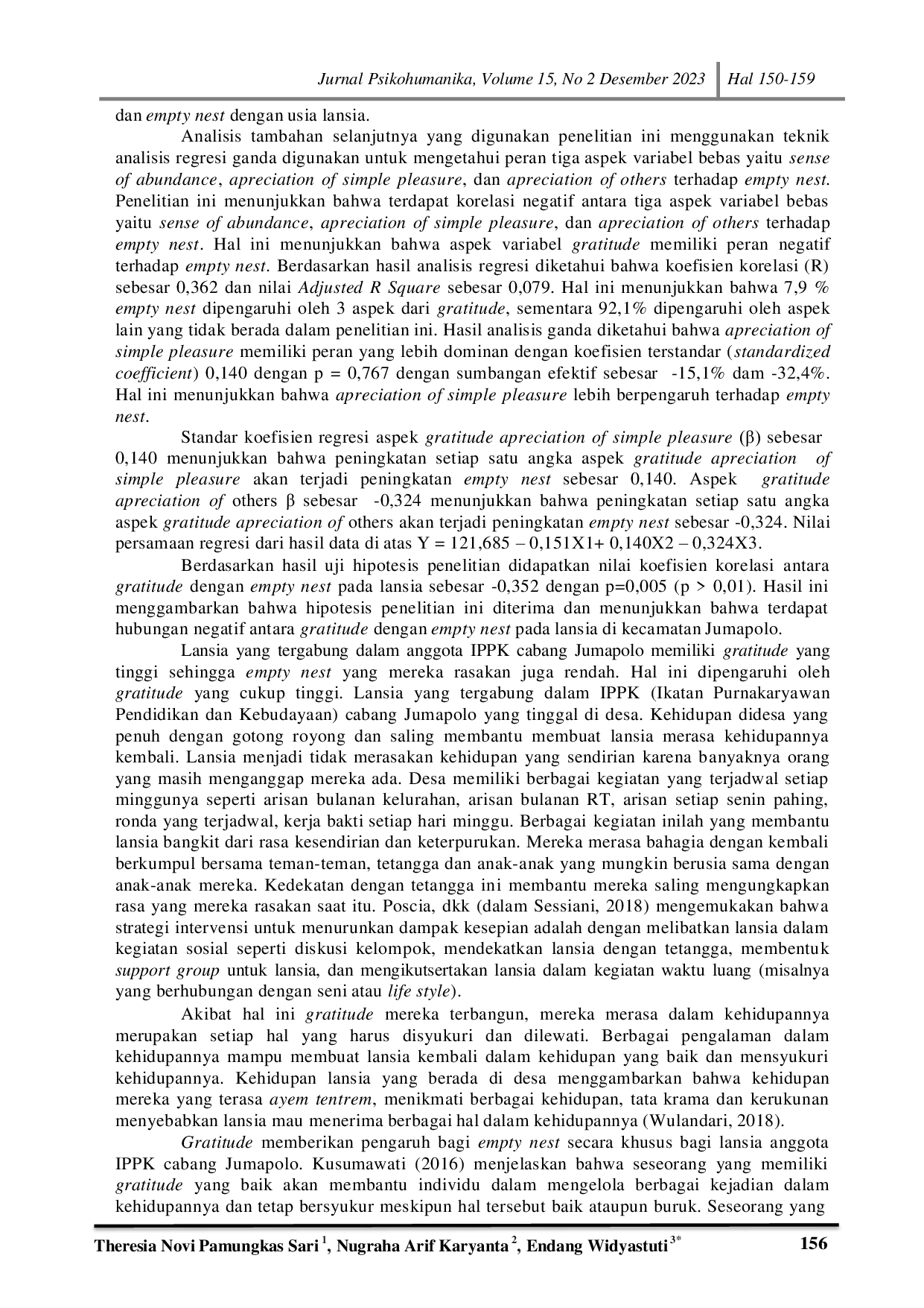 JURIS Empty Nest Pada Lansia Ditinjau Dari Tingkat Gratitude Di Karanganyar