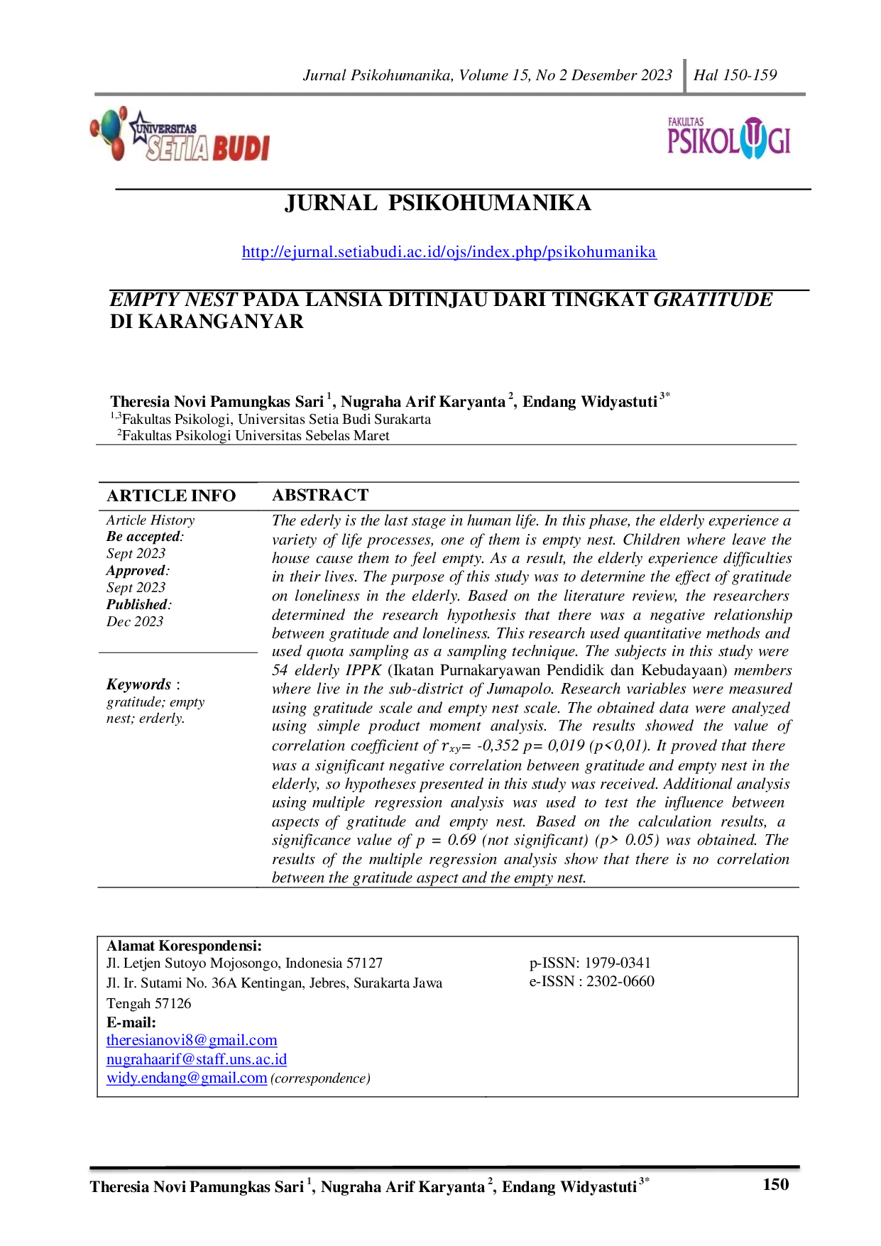 JURIS Empty Nest Pada Lansia Ditinjau Dari Tingkat Gratitude Di Karanganyar