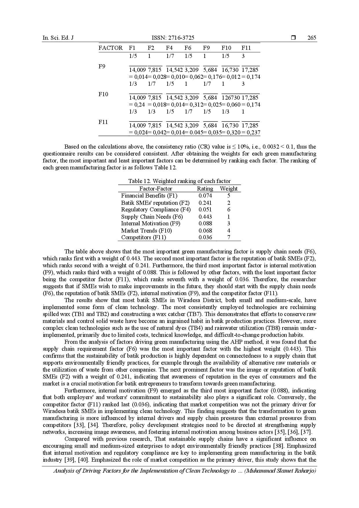 juris Analysis of Driving Factors for the Implementation of Clean Technology to Optimize Green Manufacturing in the Wiradesa Batik Small and Medium Enterprises SMEs