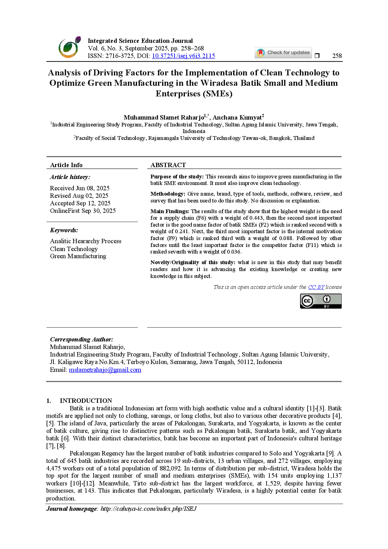 juris Analysis of Driving Factors for the Implementation of Clean Technology to Optimize Green Manufacturing in the Wiradesa Batik Small and Medium Enterprises SMEs