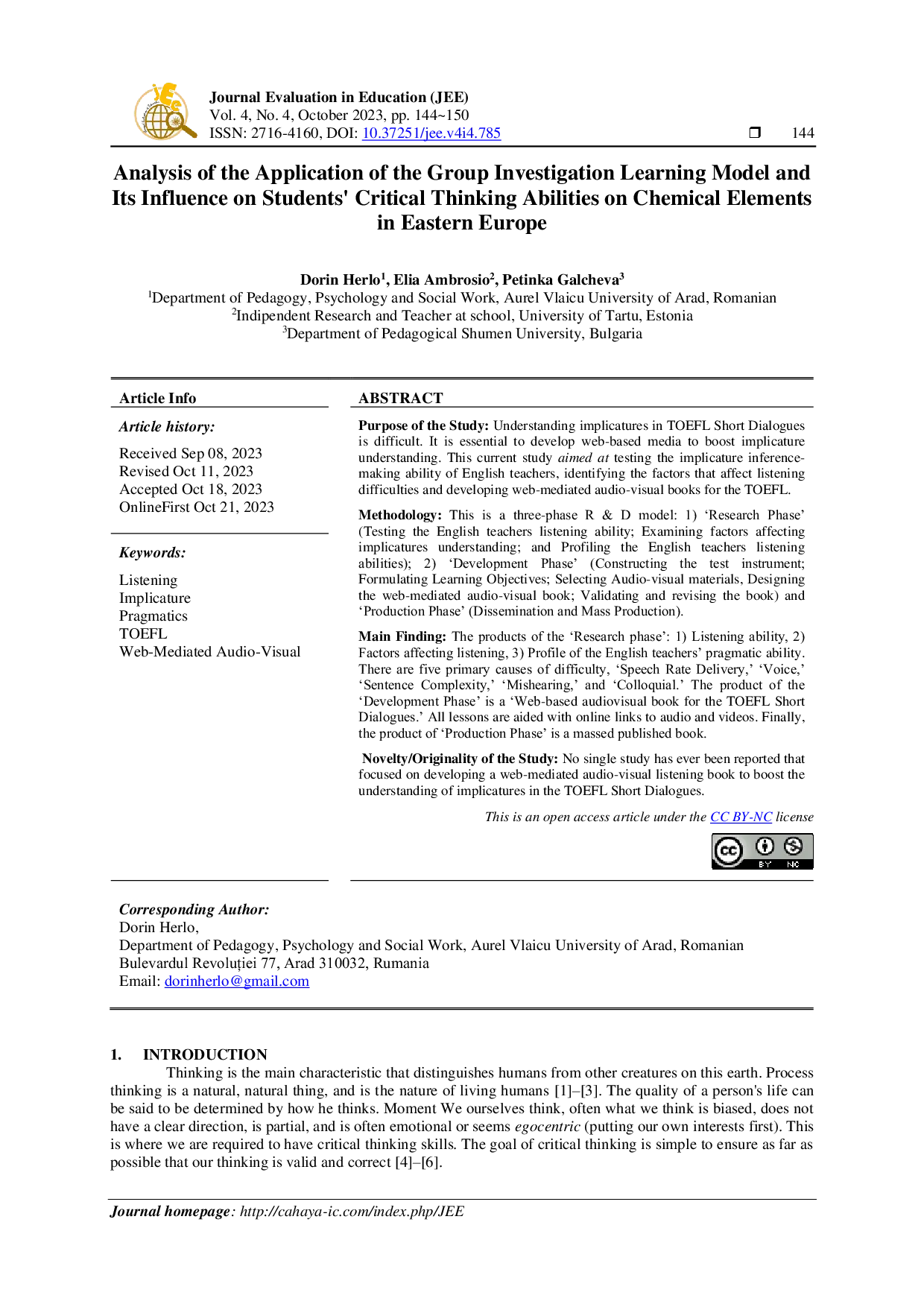 JURIS Analysis of the Application of the Group Investigation Learning Model and Its Influence on Students Critical Thinking Abilities on Chemical Elements in Eastern Europe