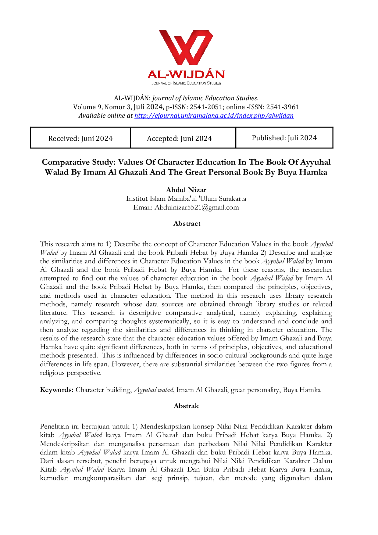 JURIS Comparative Study Values Of Character Education In The Book Of Ayyuhal Walad By Imam Al Ghazali And The Great Personal Book By Buya Hamka