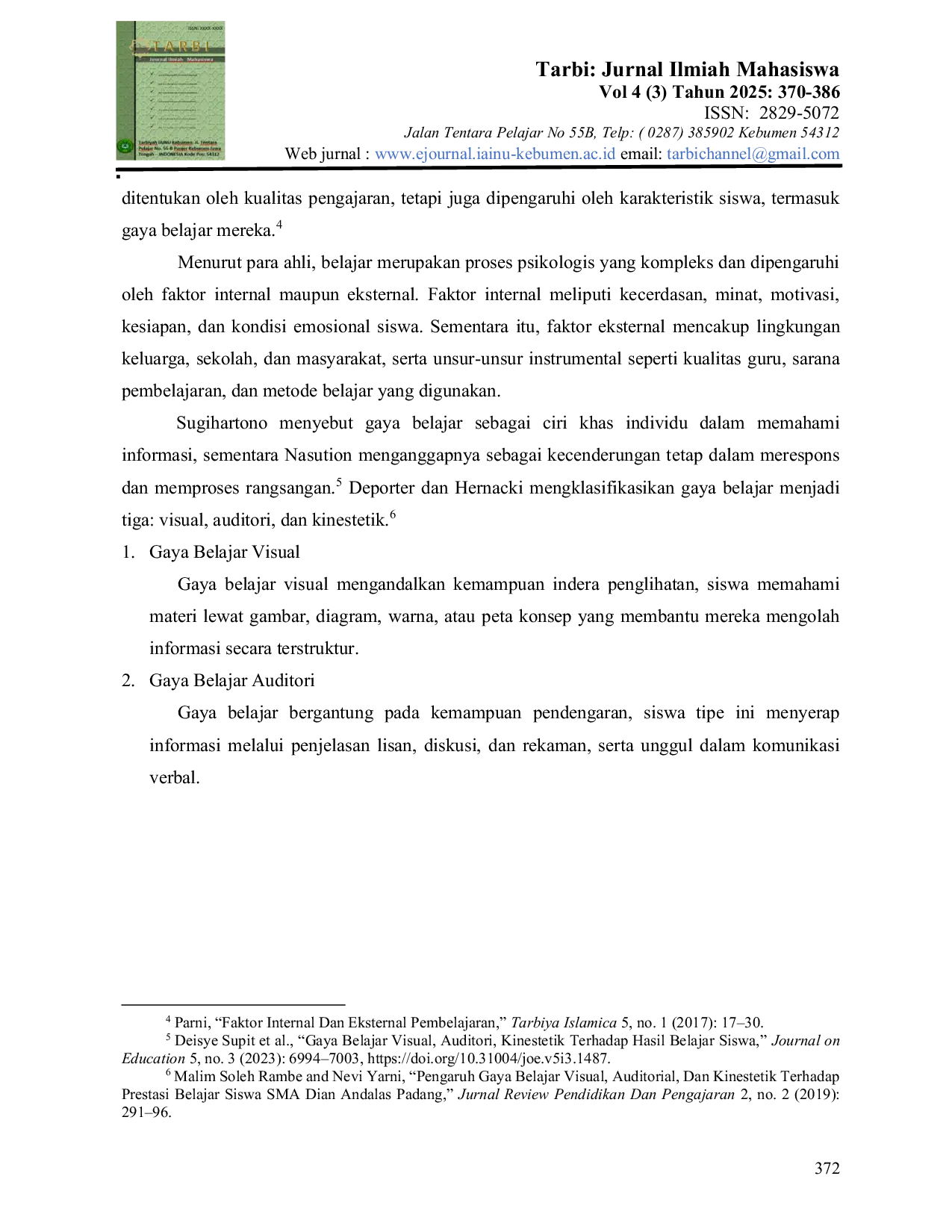 JURIS Korelasi Gaya Belajar Visual Auditori dan Kinestetik Dengan Pemahaman Materi Pendidikan Agama Islam Kelas XI di SMK Negeri 1 Kebumen
