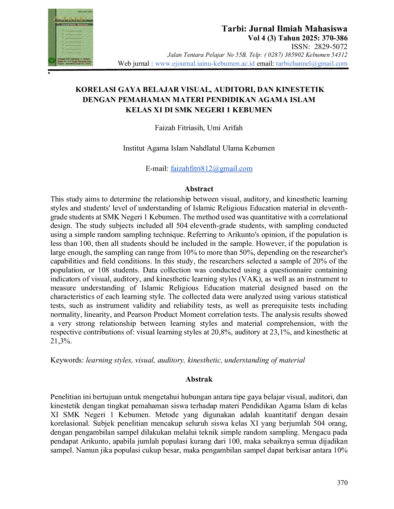 JURIS Korelasi Gaya Belajar Visual Auditori dan Kinestetik Dengan Pemahaman Materi Pendidikan Agama Islam Kelas XI di SMK Negeri 1 Kebumen